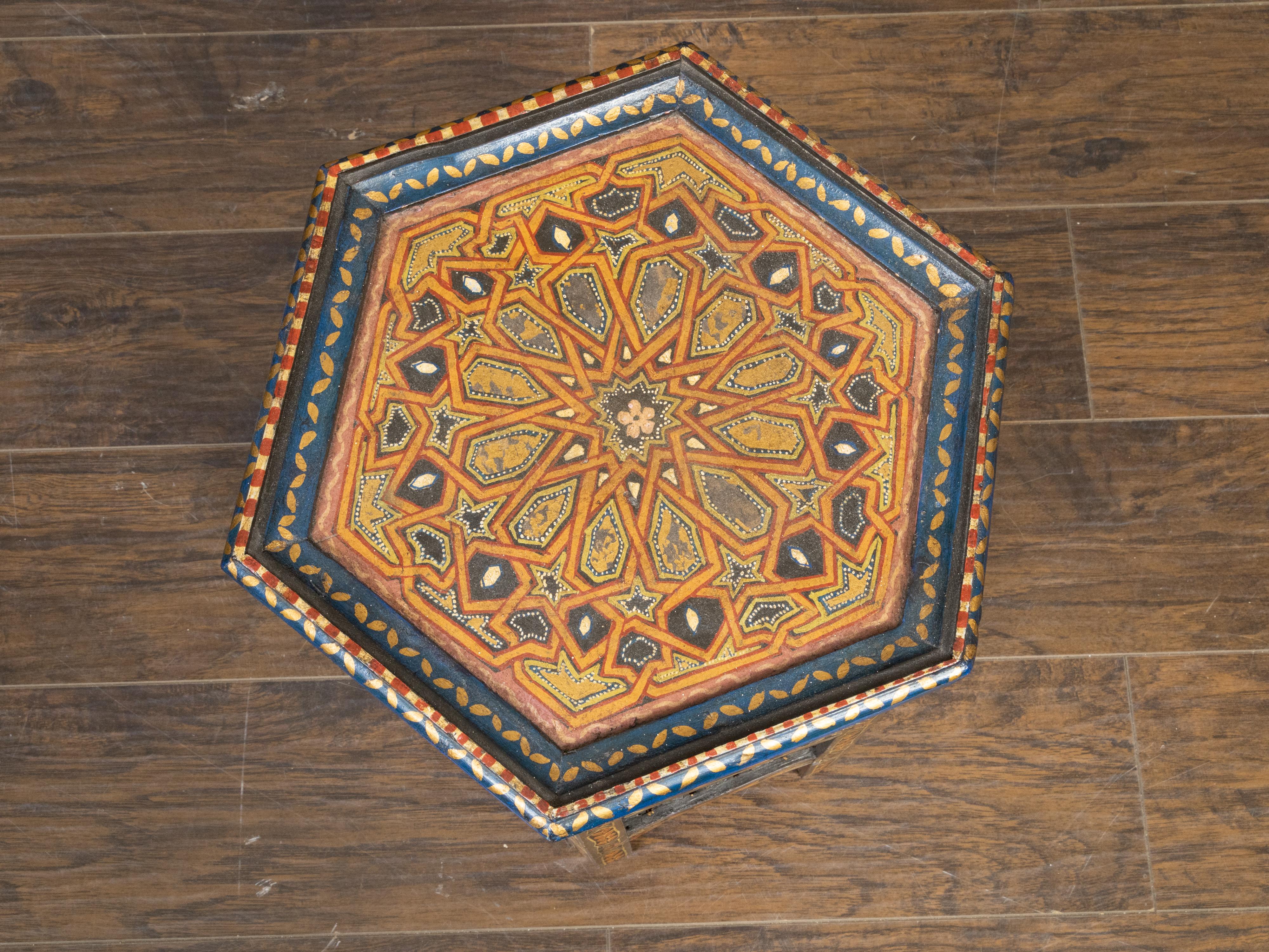 Wood Moorish Style Moroccan 1920s Table with Hexagonal Top and Polychrome Décor For Sale