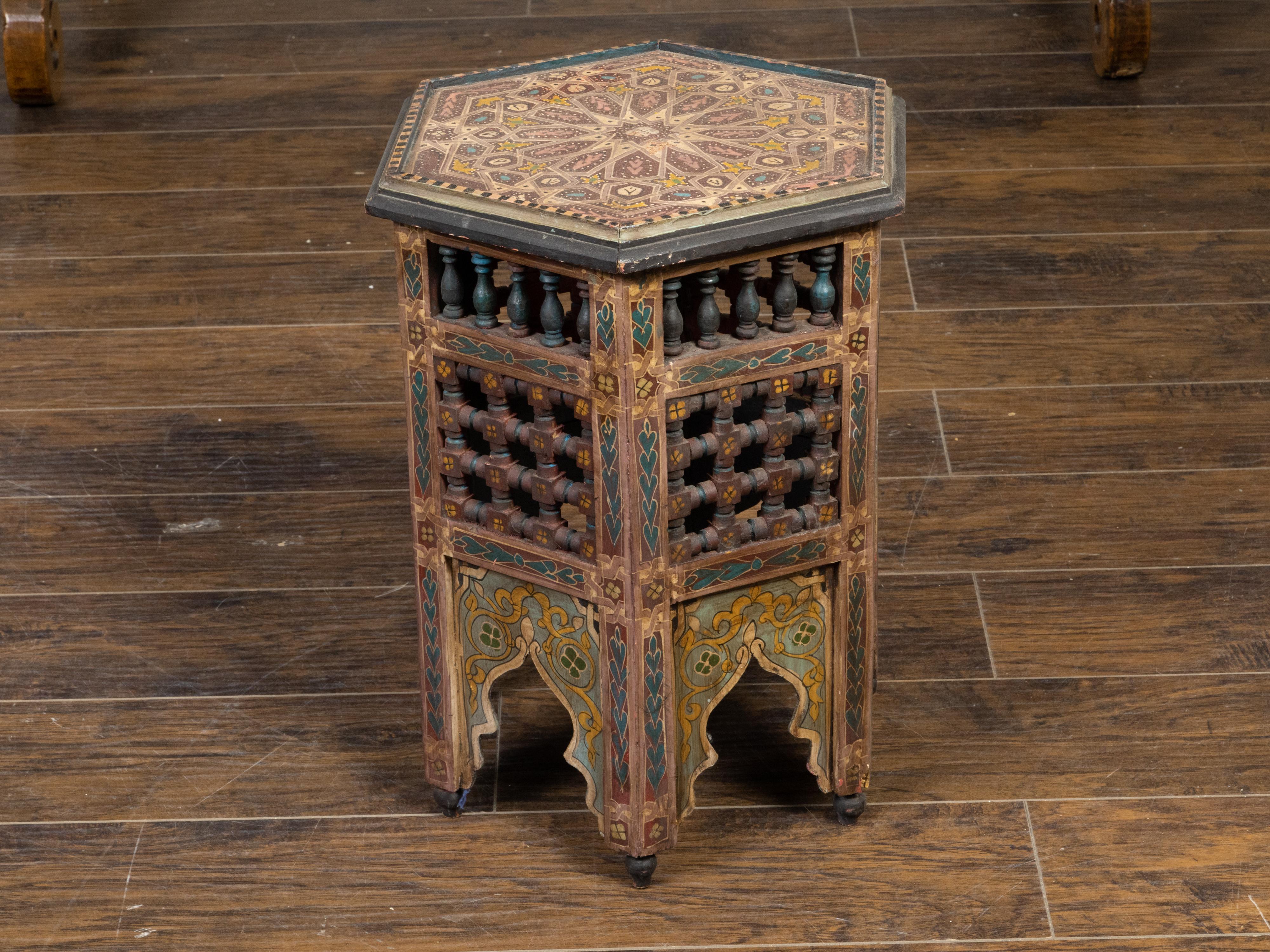 Wood Moorish Style Moroccan 1920s Table with Hexagonal Top and Polychrome Décor