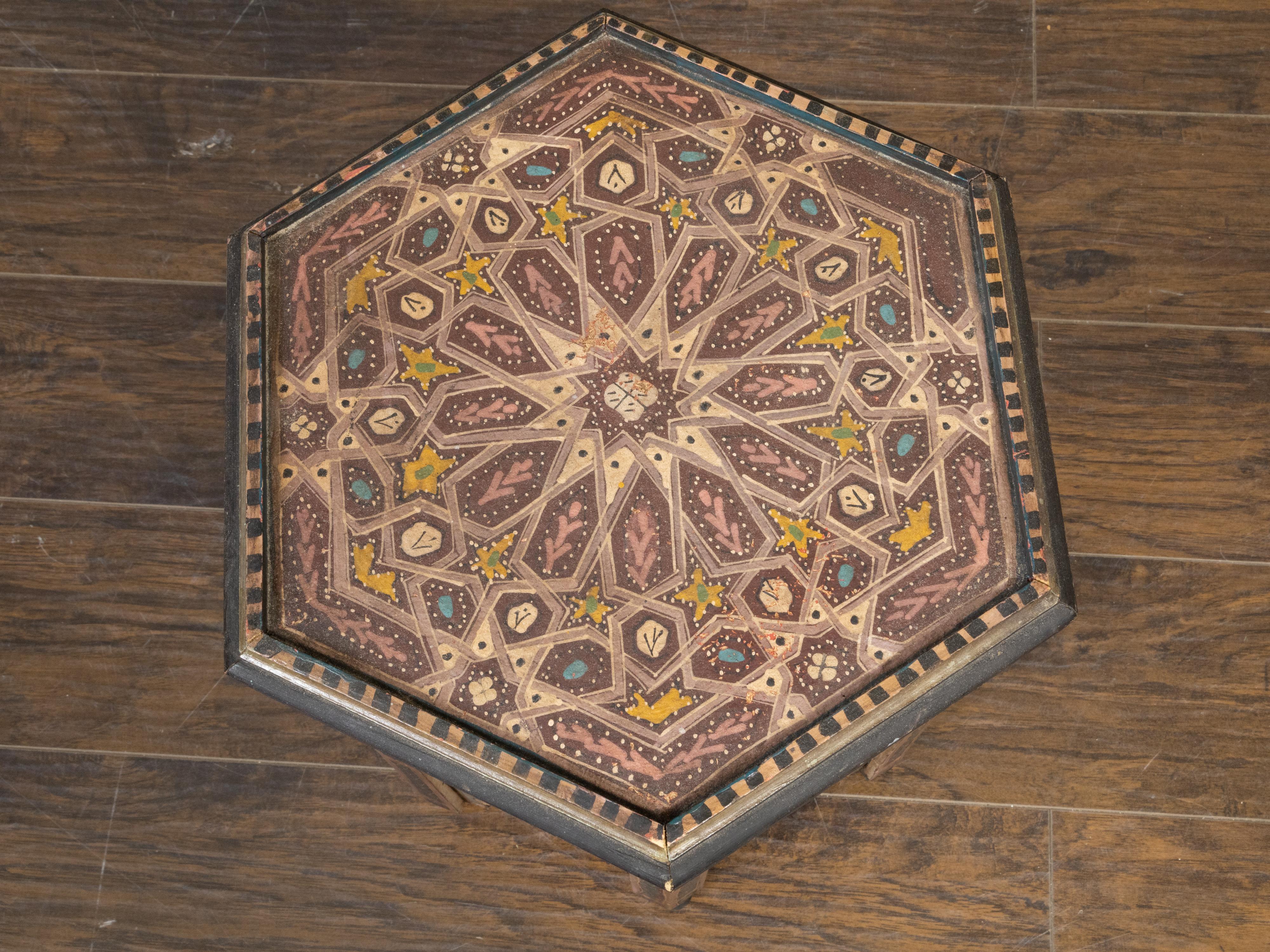 Moorish Style Moroccan 1920s Table with Hexagonal Top and Polychrome Décor 1