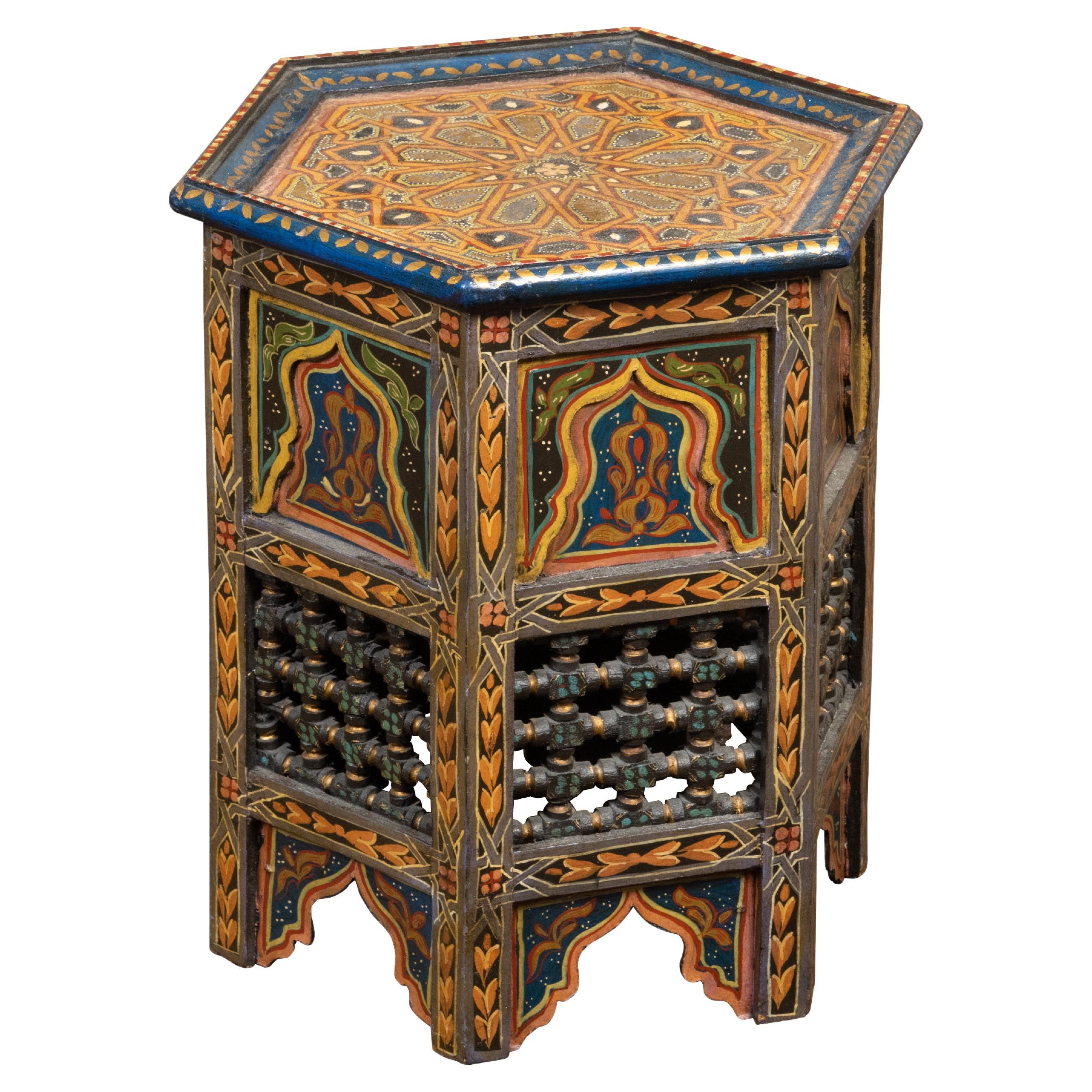Moorish Style Moroccan 1920s Table with Hexagonal Top and Polychrome Décor For Sale