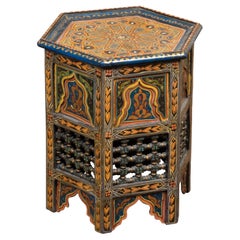 Antique Moorish Style Moroccan 1920s Table with Hexagonal Top and Polychrome Décor