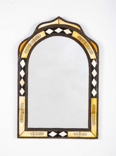 Moorish Style Moroccan Incised Bone Mirror with Brass Border, 1920's