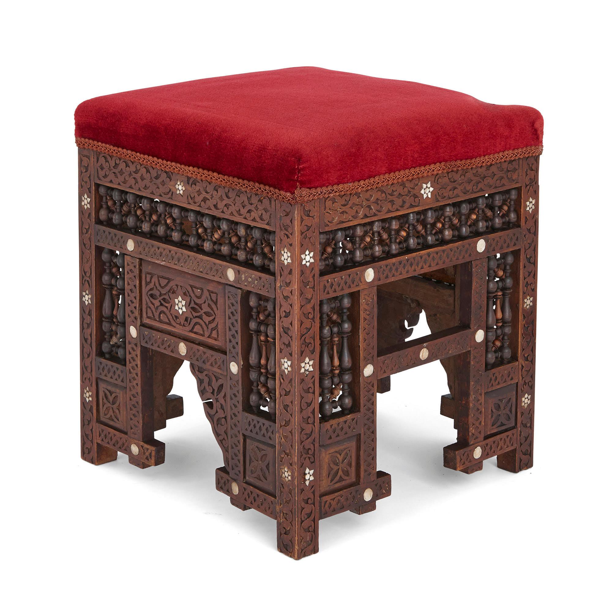 Carved Moorish Style Mother of Pearl Inlaid Hardwood Three-Piece Furniture Set For Sale