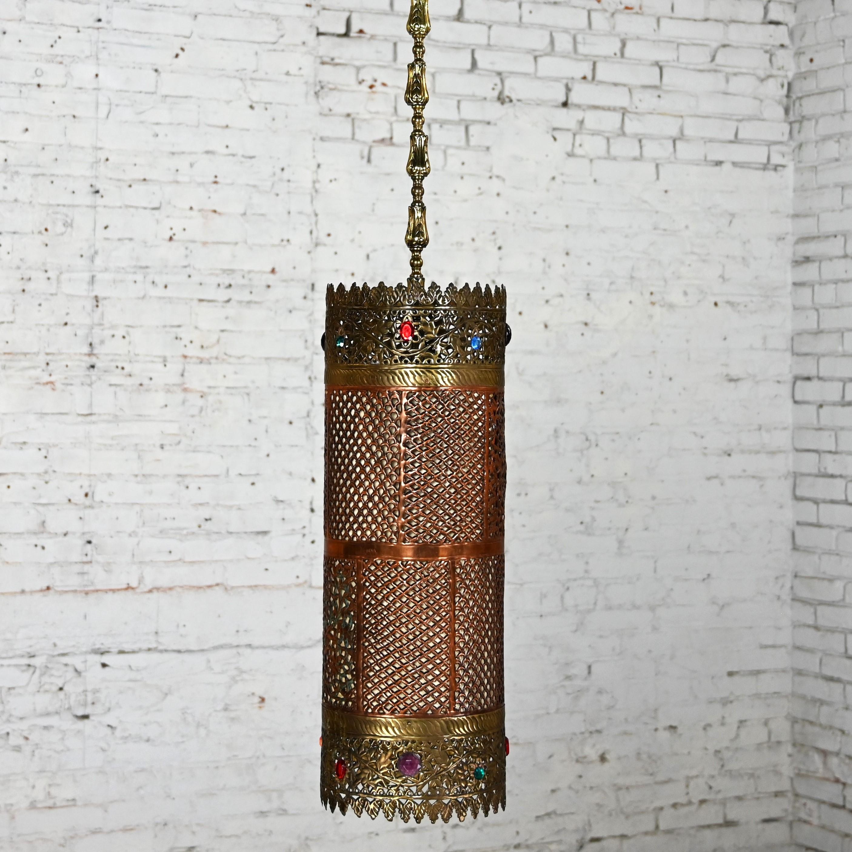 Moorish Style Pierced & Embossed Copper & Brass Pendant Light Made in India For Sale 14