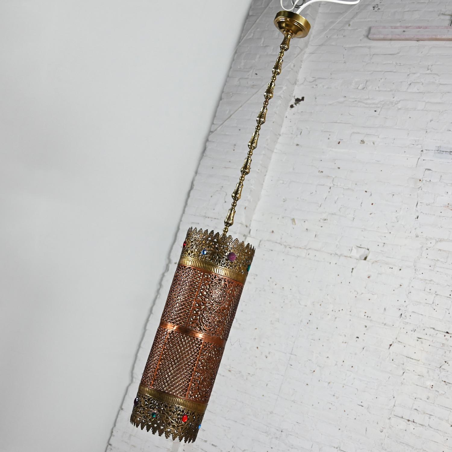 Indian Moorish Style Pierced & Embossed Copper & Brass Pendant Light Made in India For Sale