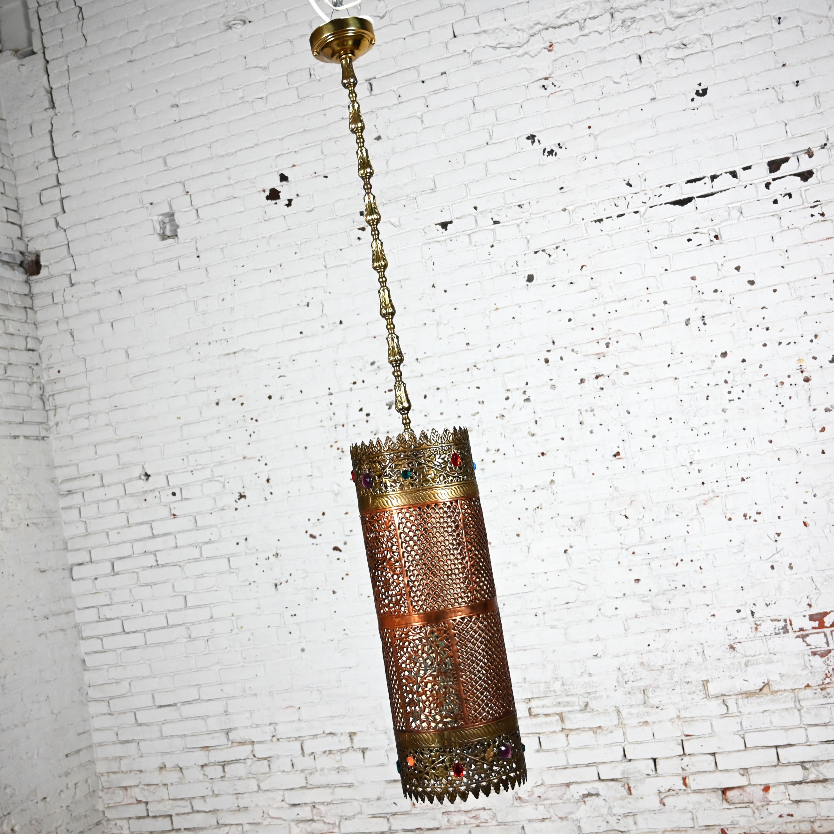 Moorish Style Pierced & Embossed Copper & Brass Pendant Light Made in India In Good Condition For Sale In Topeka, KS