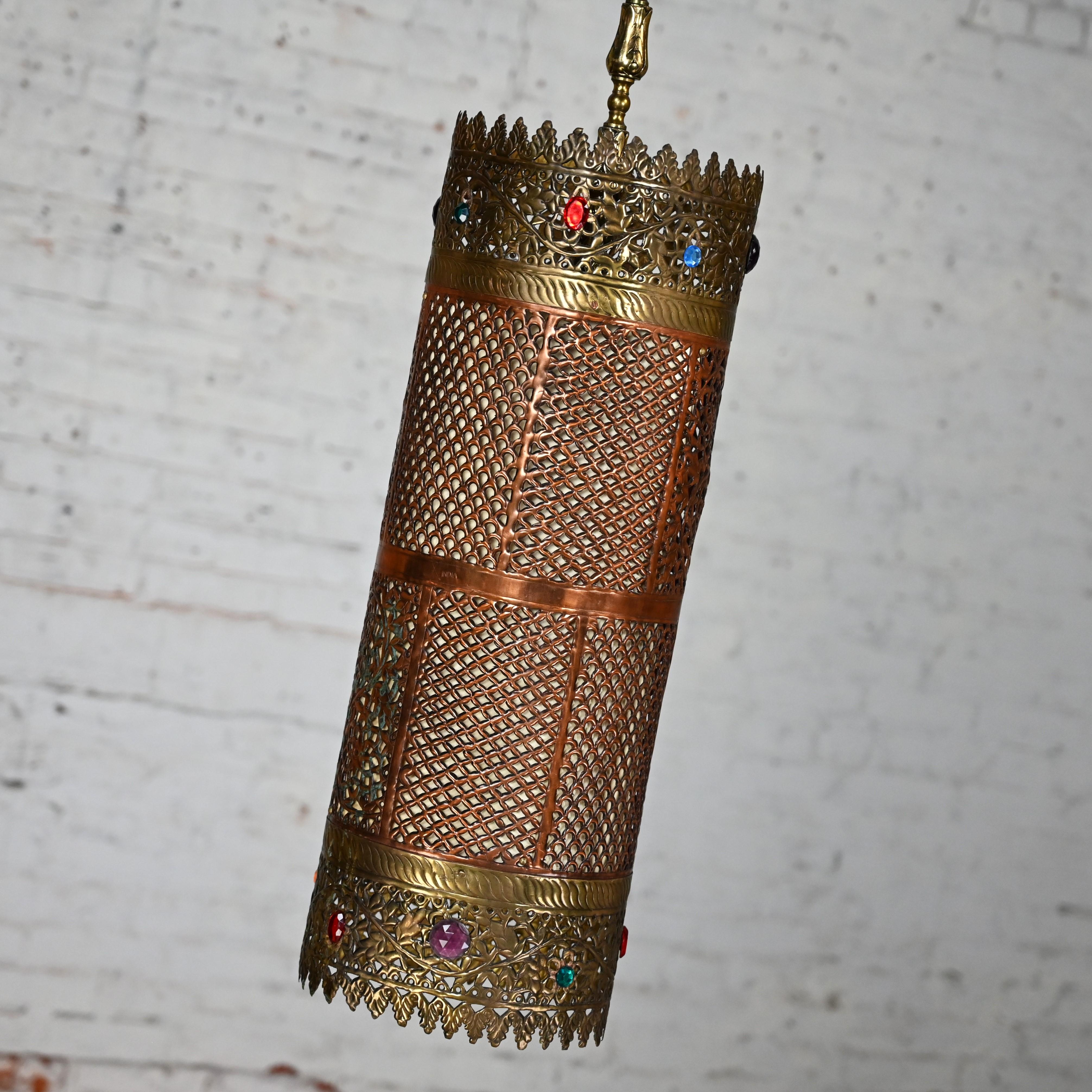 20th Century Moorish Style Pierced & Embossed Copper & Brass Pendant Light Made in India For Sale