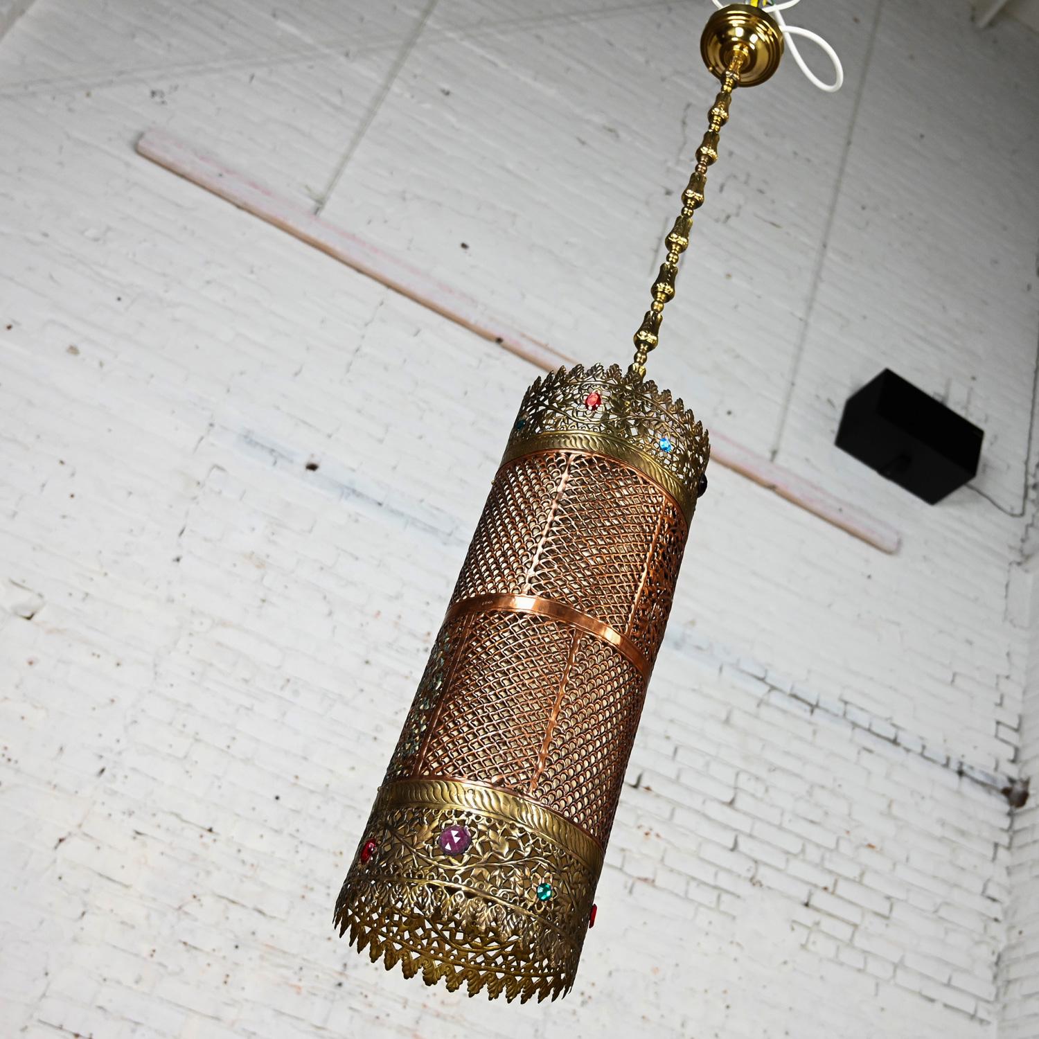 Moorish Style Pierced & Embossed Copper & Brass Pendant Light Made in India For Sale 2