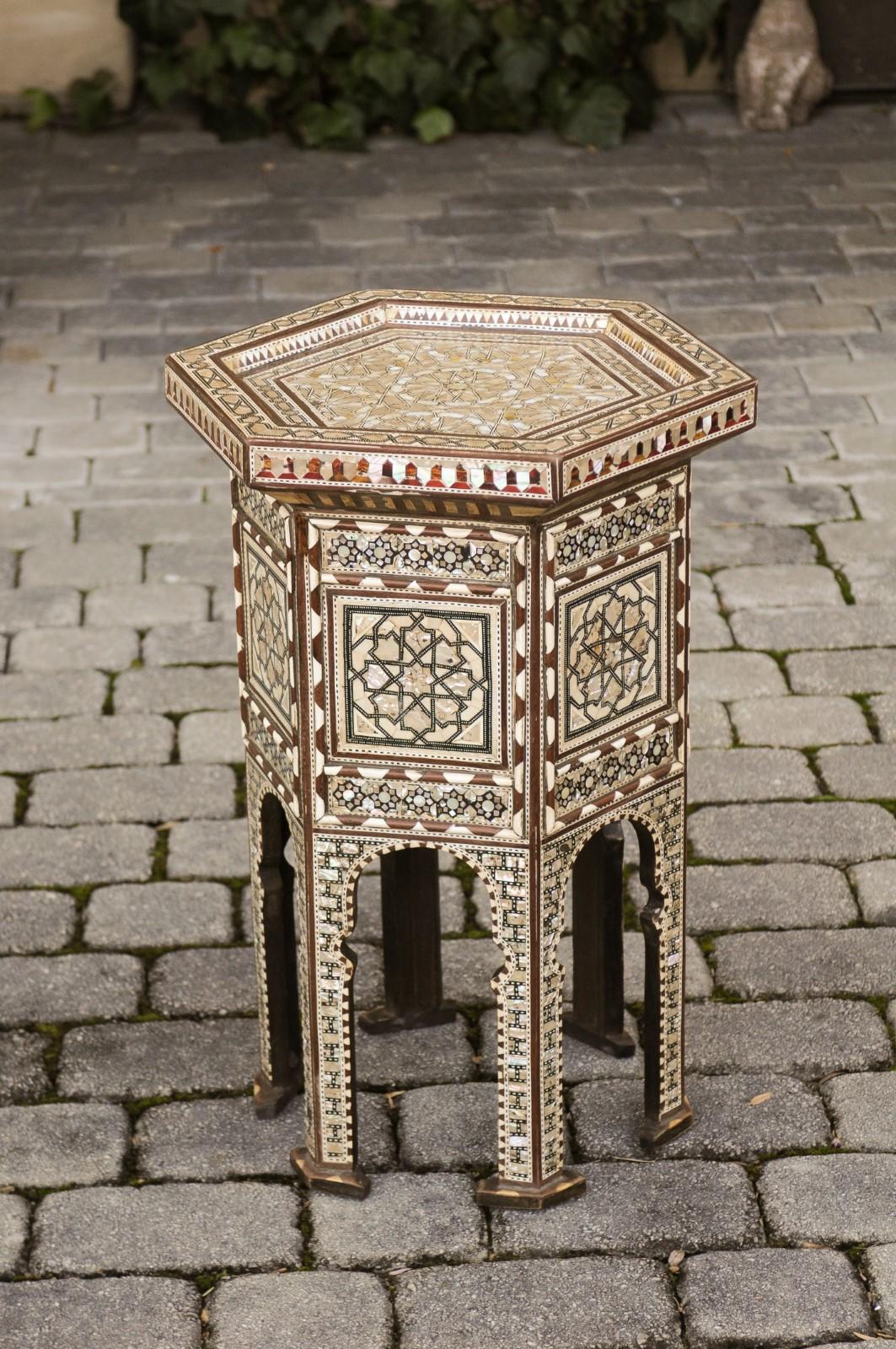 Moorish Style Syrian Hexagonal Side Tables with Mother of Pearl and Bone Inlay 12