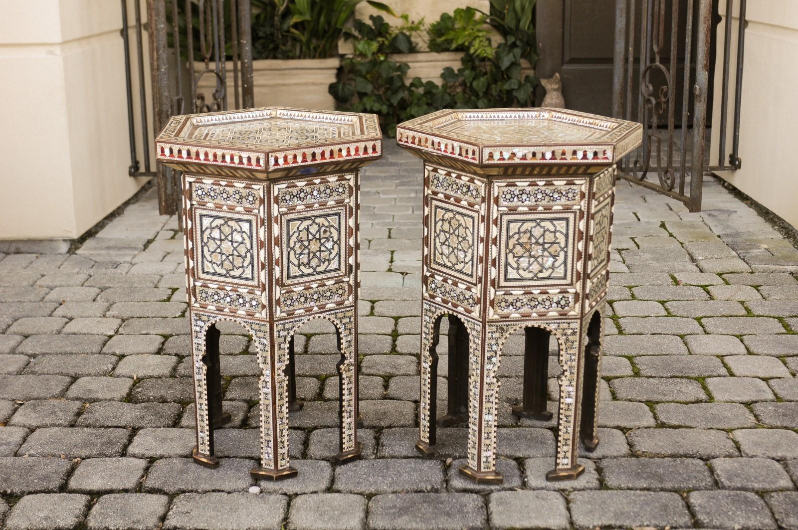 Ebonized Moorish Style Syrian Hexagonal Side Tables with Mother of Pearl and Bone Inlay