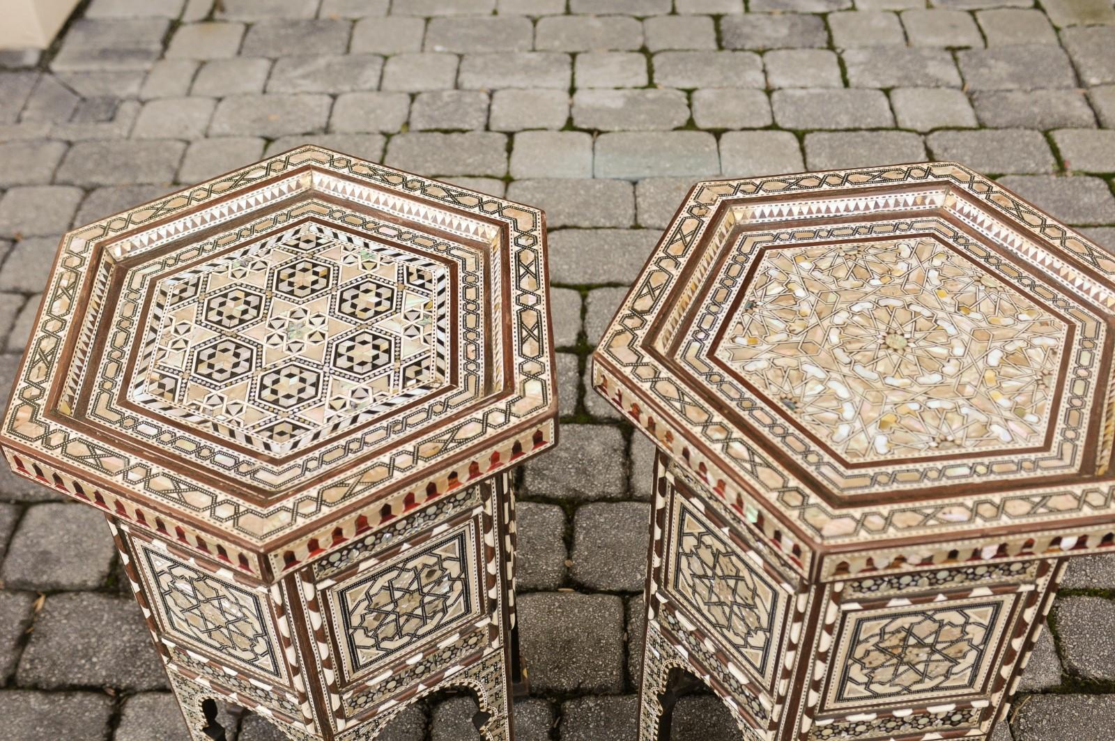 Moorish Style Syrian Hexagonal Side Tables with Mother of Pearl and Bone Inlay In Good Condition In Atlanta, GA