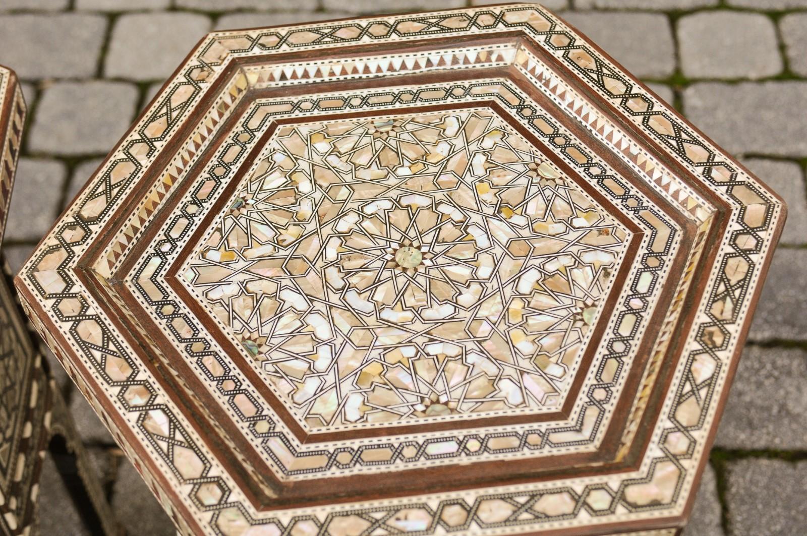 20th Century Moorish Style Syrian Hexagonal Side Tables with Mother of Pearl and Bone Inlay