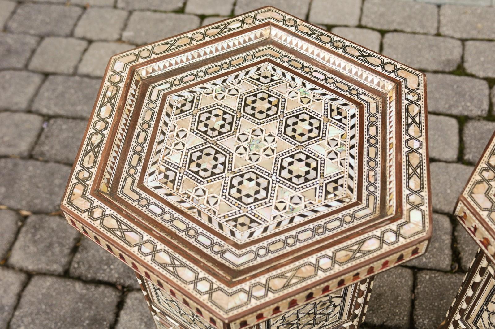 Moorish Style Syrian Hexagonal Side Tables with Mother of Pearl and Bone Inlay 1