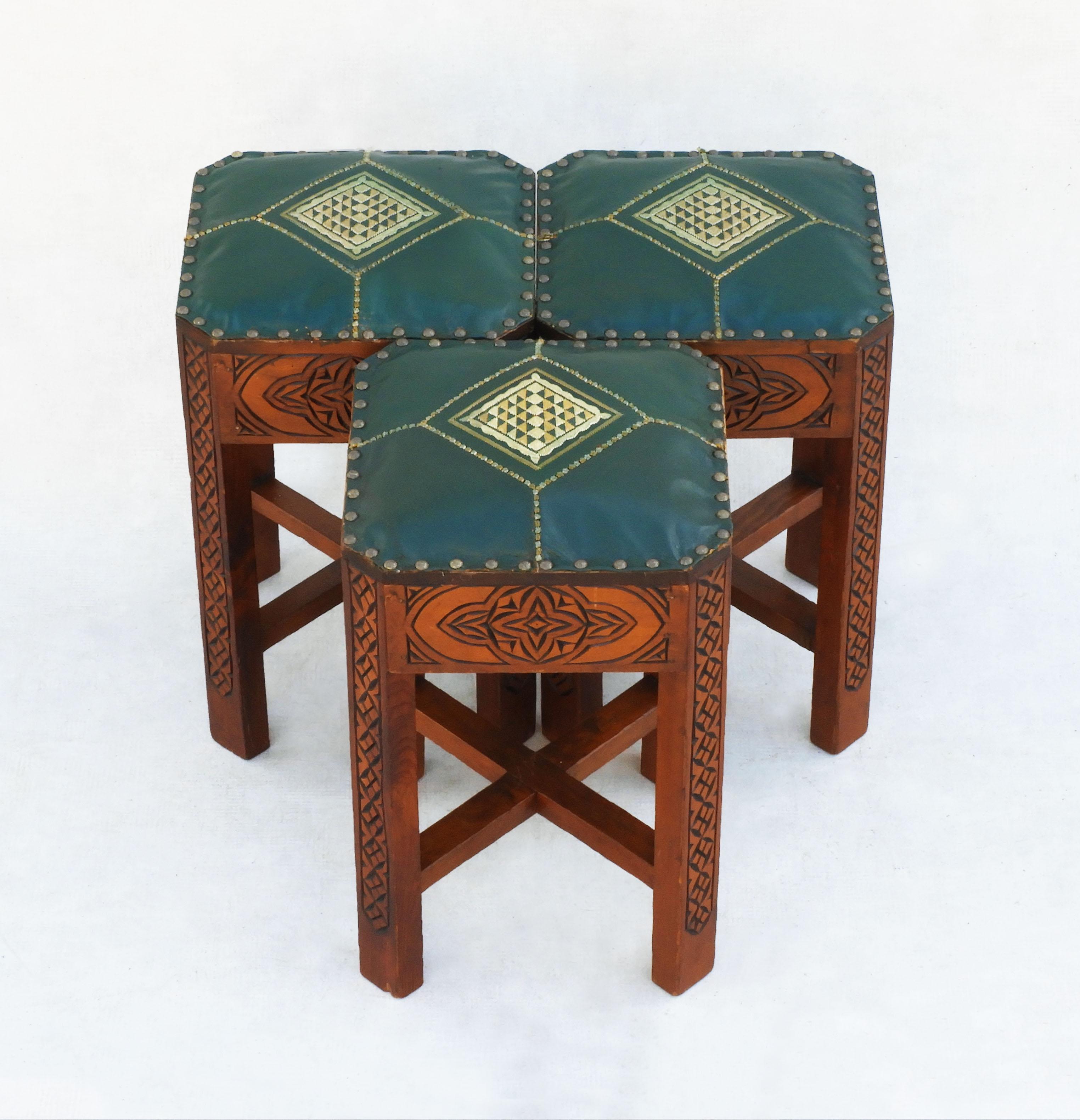 Moroccan Moorish Style Tabouret Stools Hand Carved Wood and Embroidered Leather C1950s For Sale