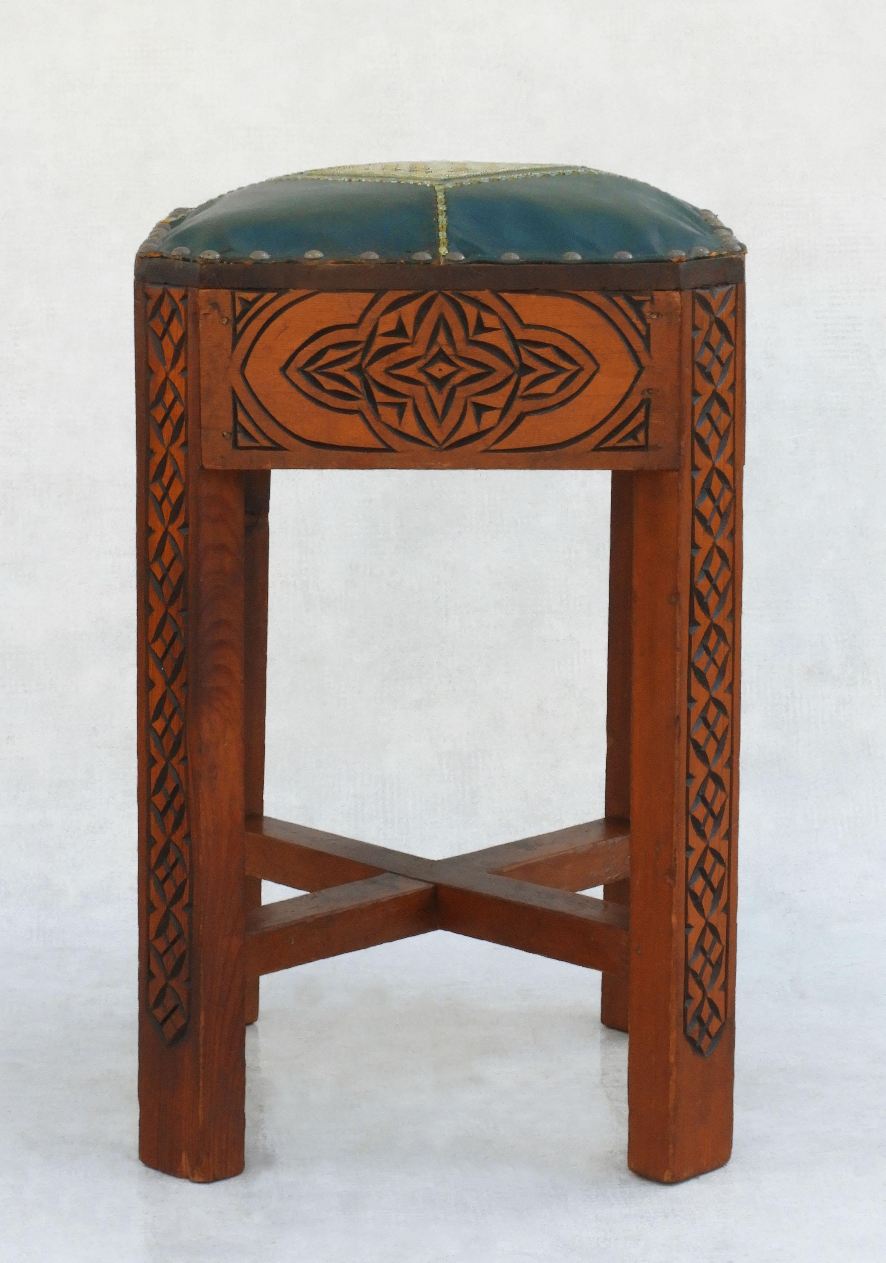 Hand-Carved Moorish Style Tabouret Stools Hand Carved Wood and Embroidered Leather C1950s For Sale
