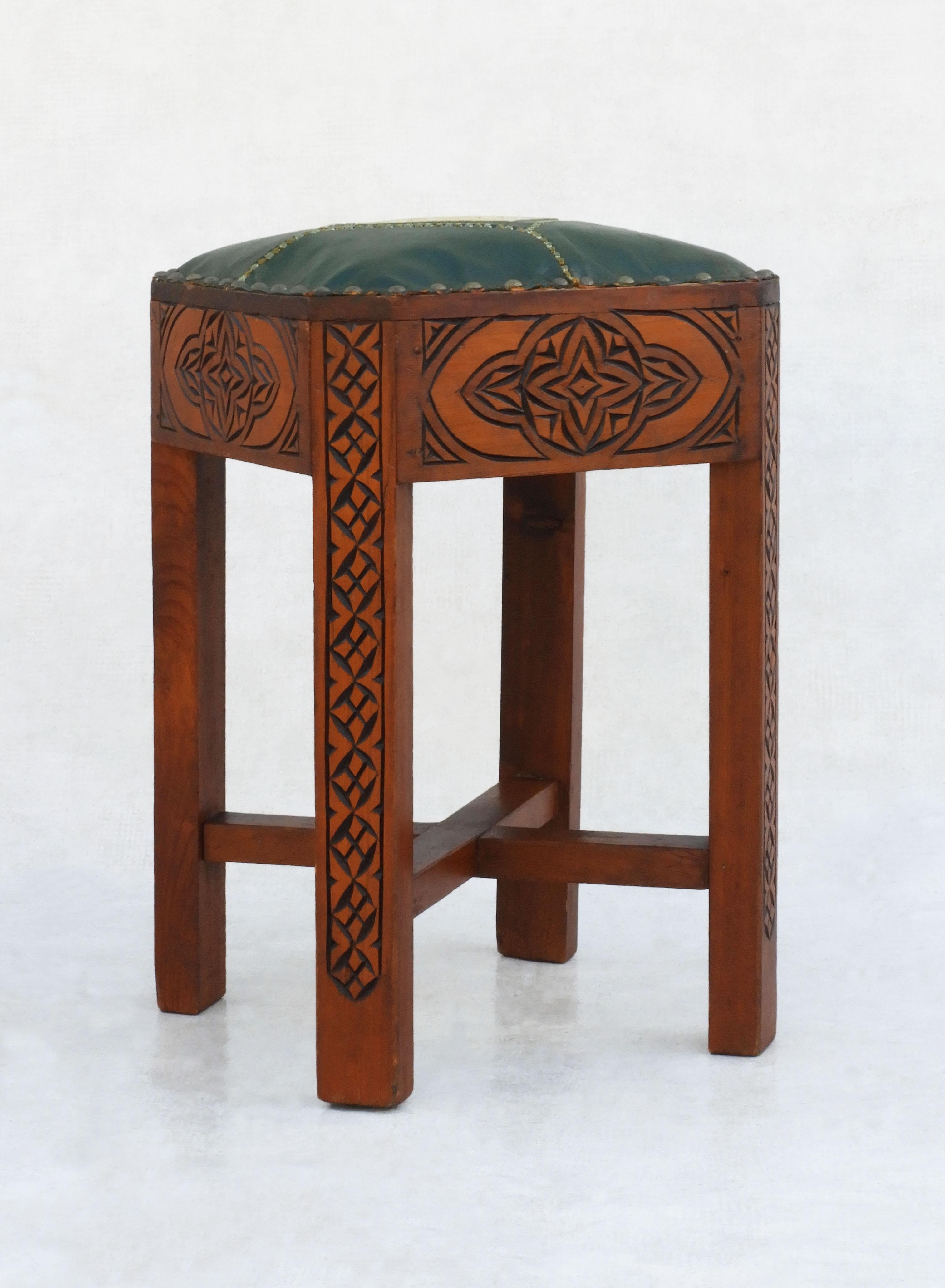 Moorish Style Tabouret Stools Hand Carved Wood and Embroidered Leather C1950s In Good Condition For Sale In Trensacq, FR