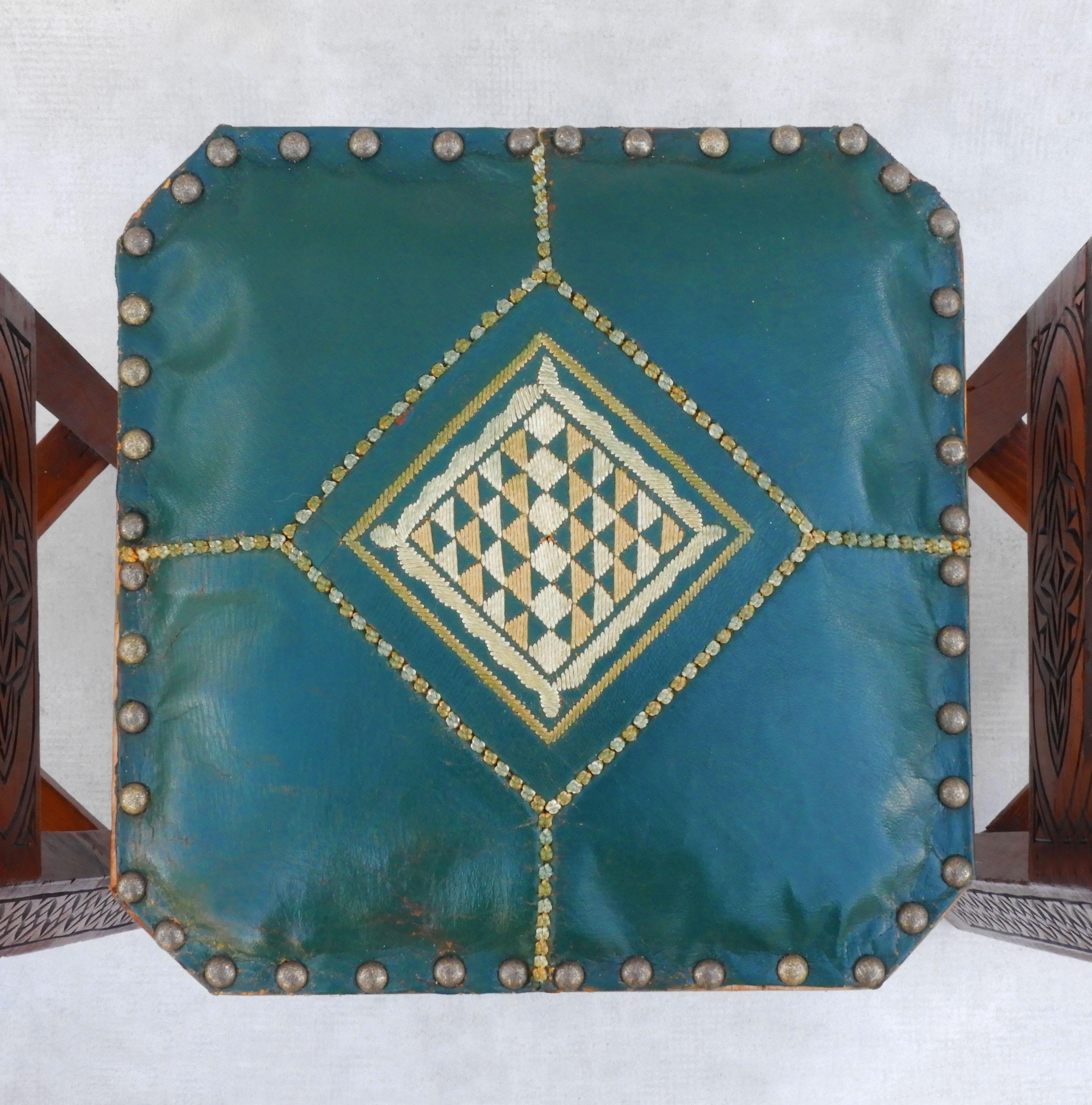 Moorish Style Tabouret Stools Hand Carved Wood and Embroidered Leather C1950s For Sale 1