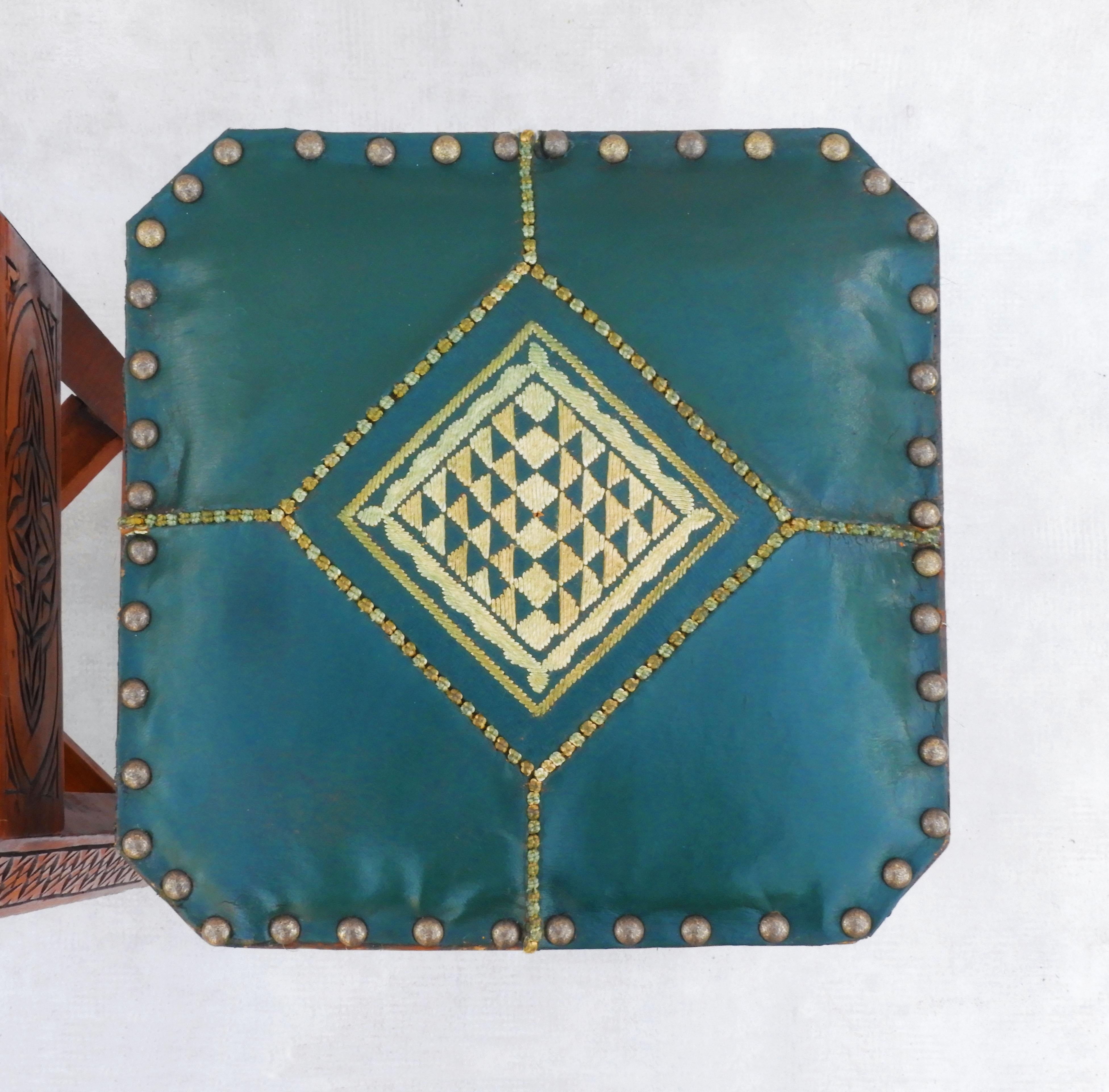 Moorish Style Tabouret Stools Hand Carved Wood and Embroidered Leather C1950s For Sale 2