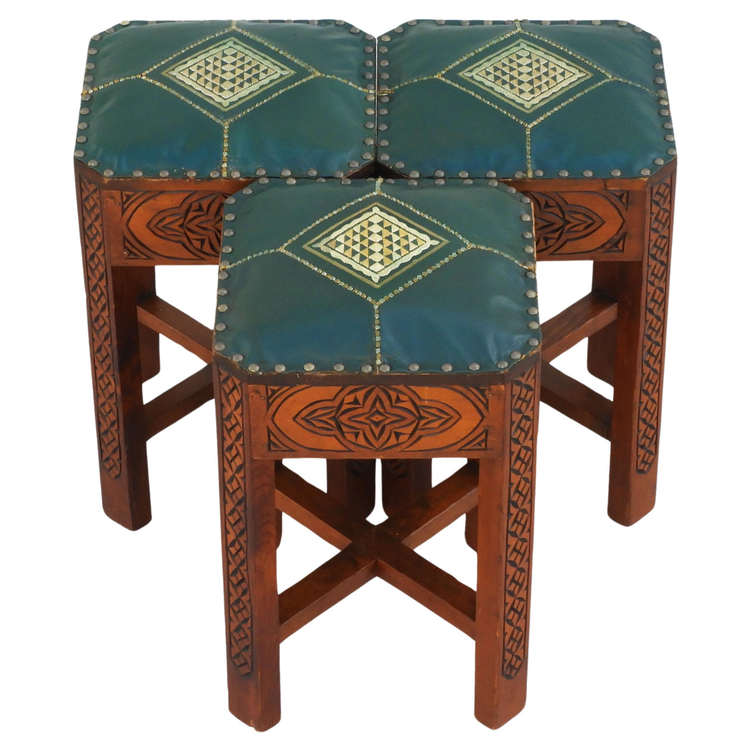 Moorish Style Tabouret Stools Hand Carved Wood and Embroidered Leather C1950s For Sale