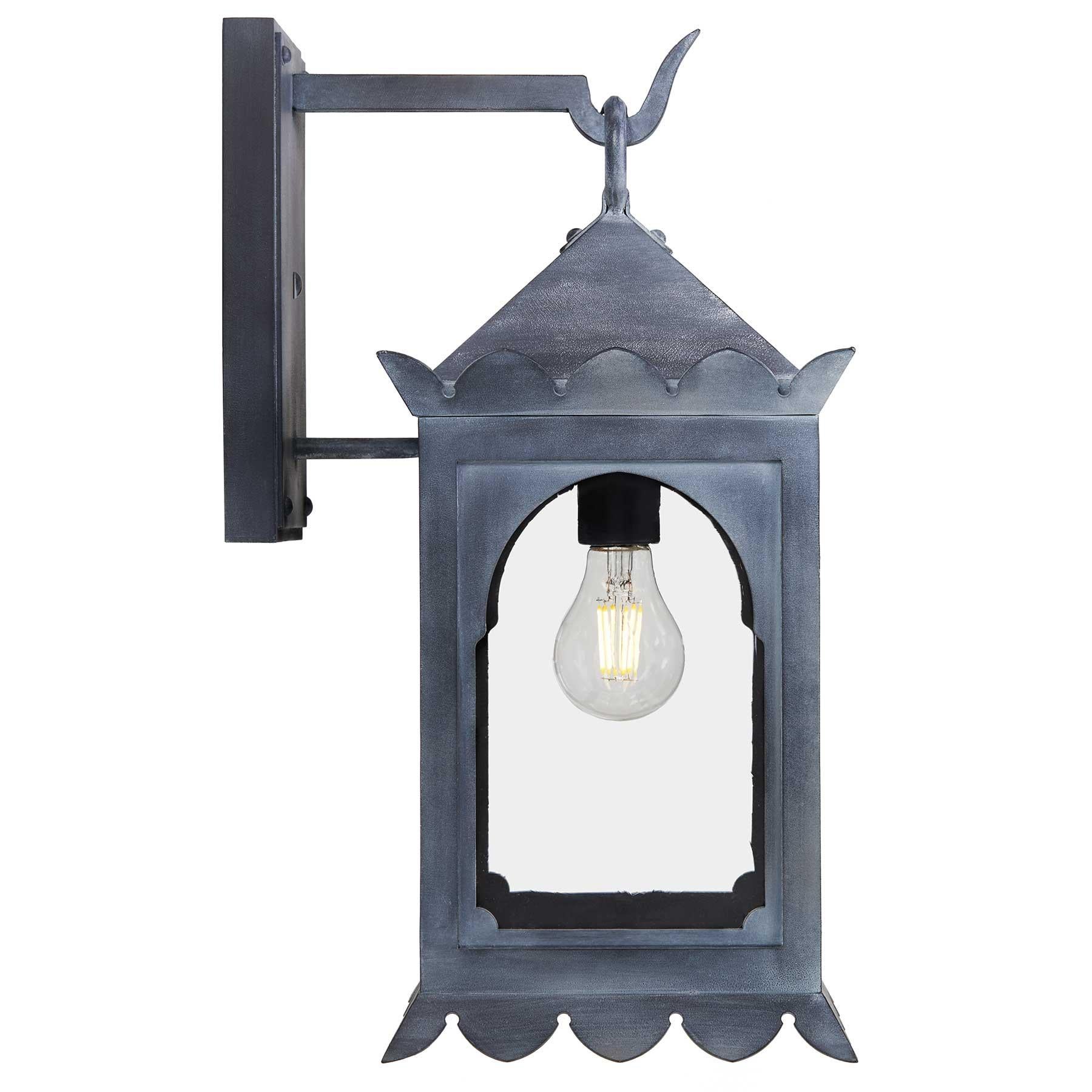 Forged Moorish Style Wrought Iron Exterior Lantern, Antique Glass, Zinc Finish For Sale