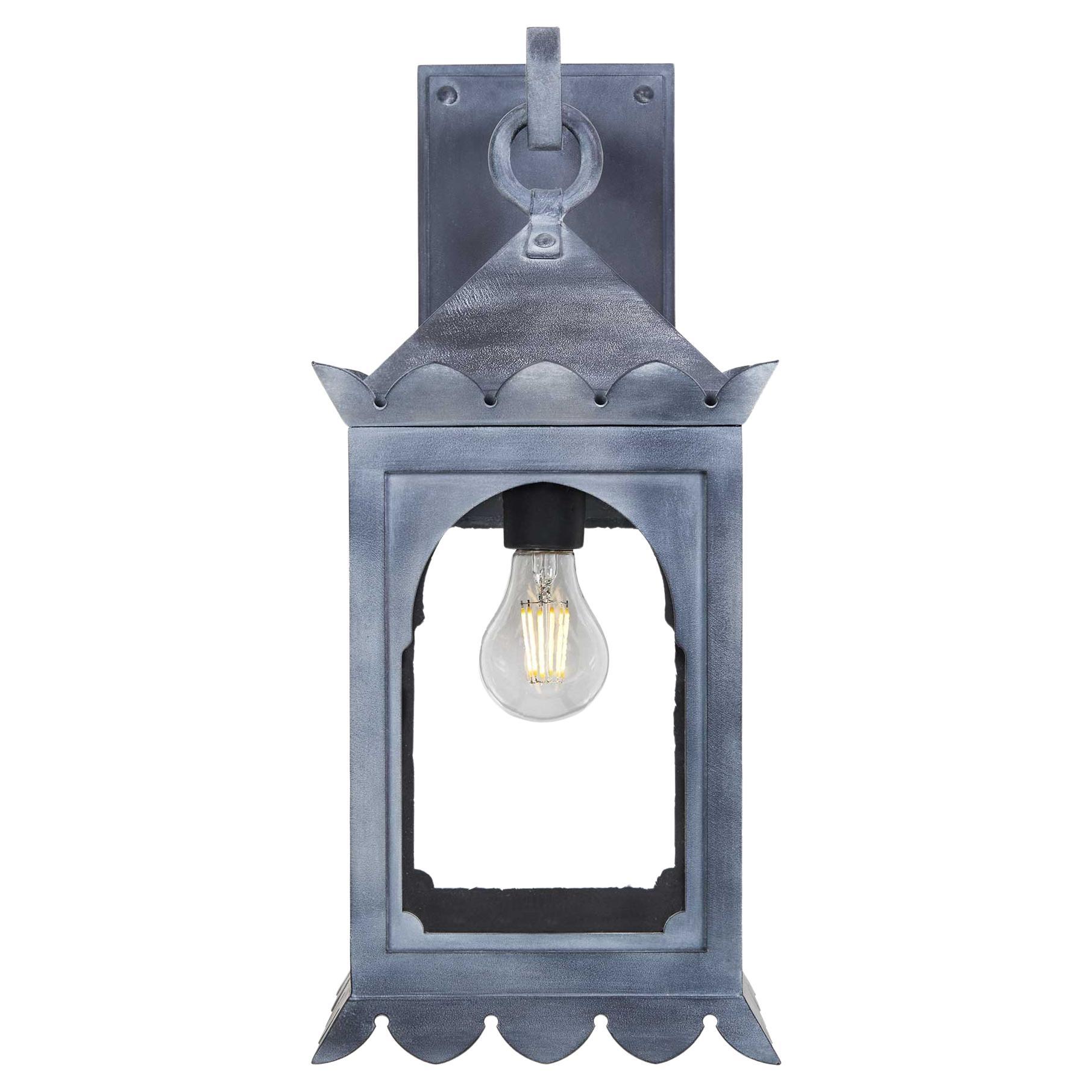 Moorish Style Wrought Iron Exterior Lantern, Antique Glass, Zinc Finish For Sale