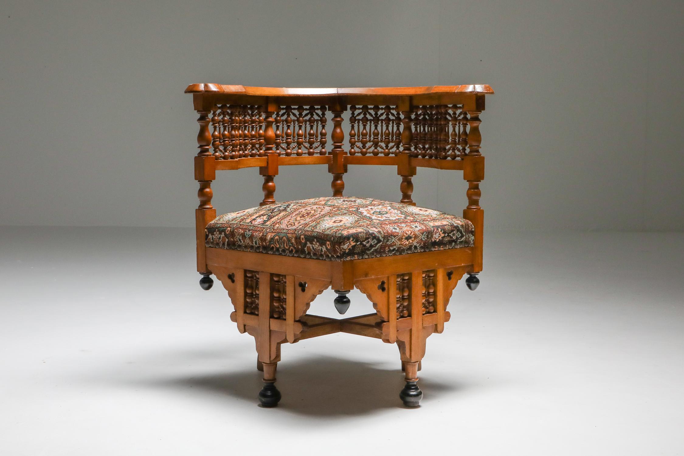 Carlo Bugatti; Art Nouveau; chair; side chair; armchair; lounge chair; carvings; wood; Moorish; Syrian; 1950s; Design; Syria; Asia; Moroccan Fretwork; Celluloid Inlay;

Moorish Syrian armchair, intricate Moroccan fretwork on the back and side,