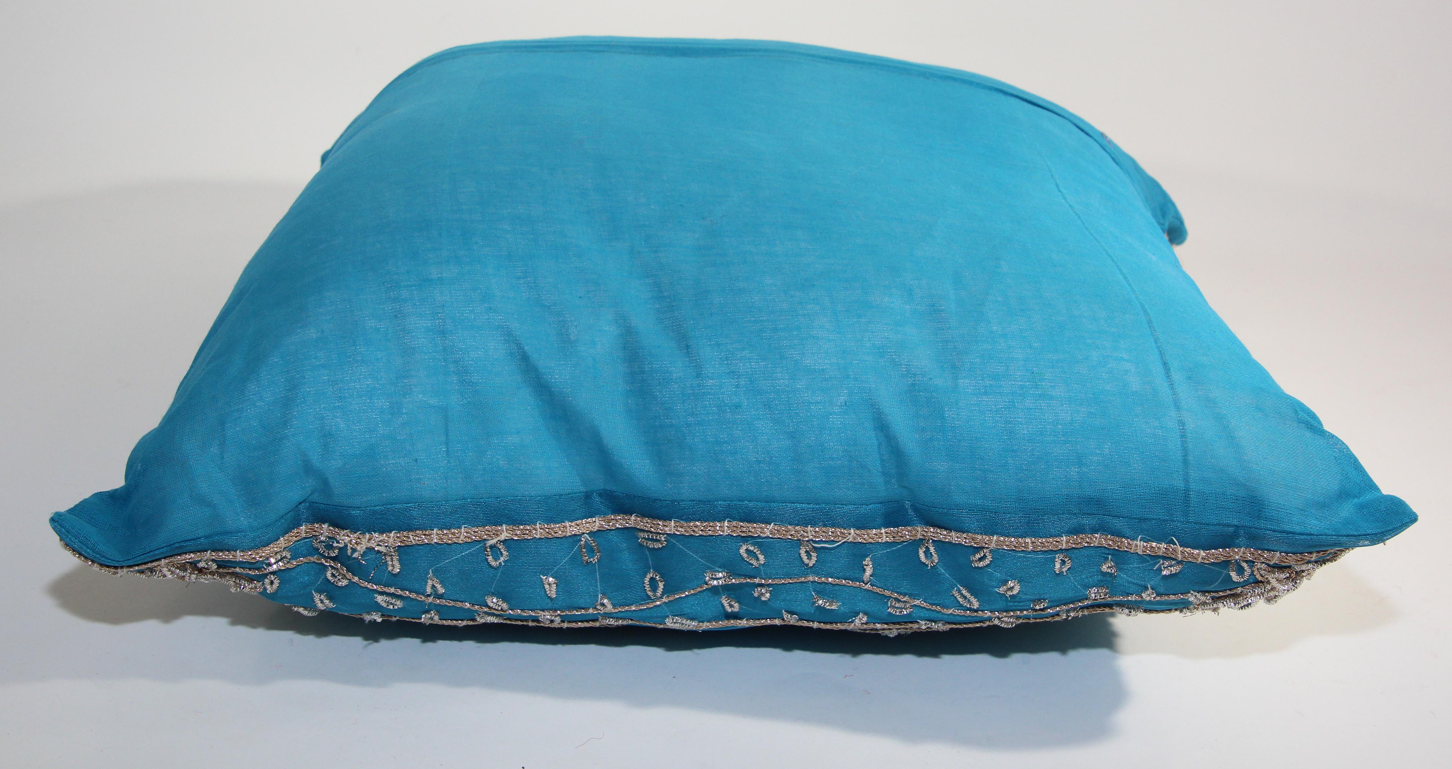 20th Century Moorish Throw Pillow Turquoise Embellished with Sequins and Beads For Sale