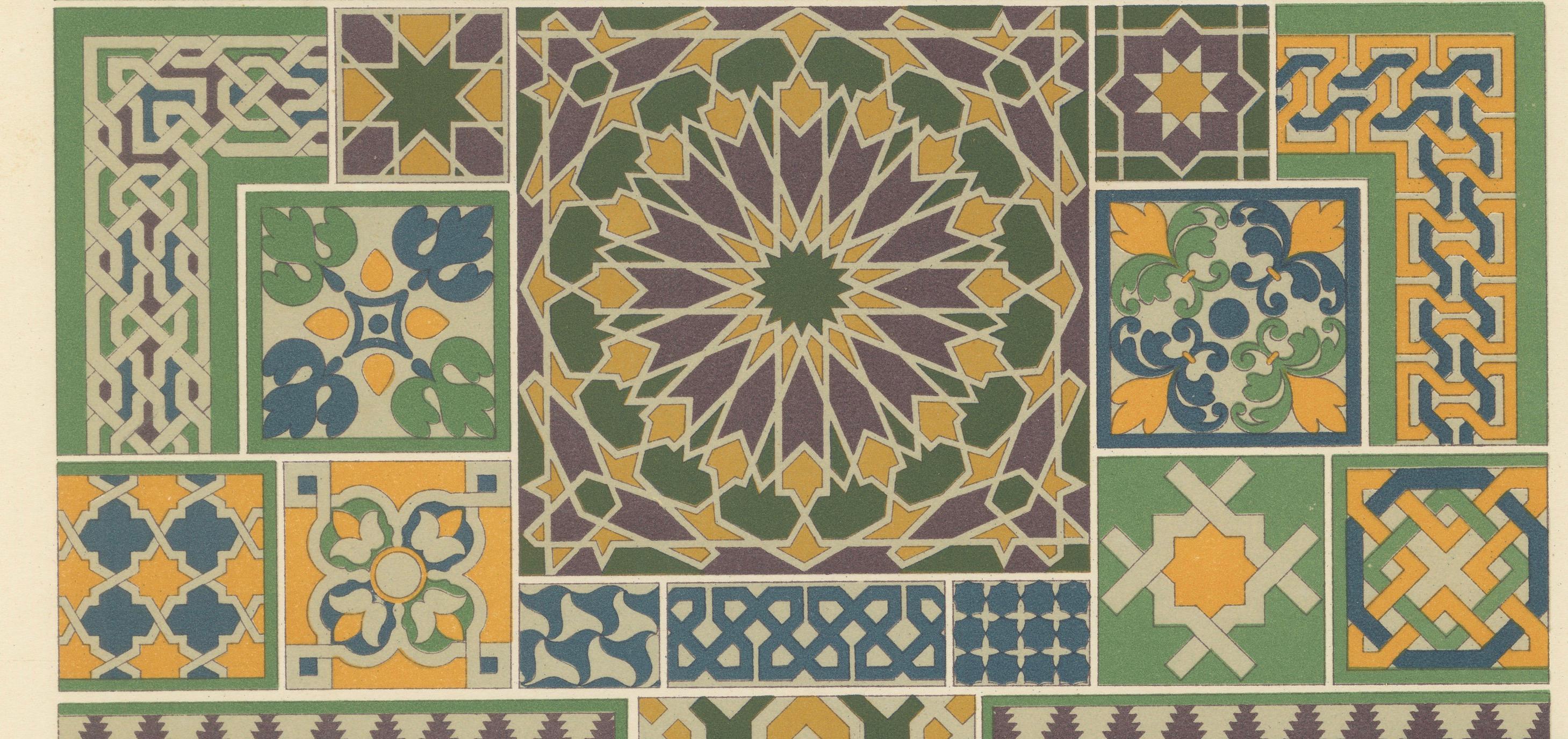 Antiker Druck mit dem Titel 'Moresque - Mauresque - Maurisch'. Chromolithographie der moresken Ornamente und dekorativen Kunst. Dieser Druck stammt aus 