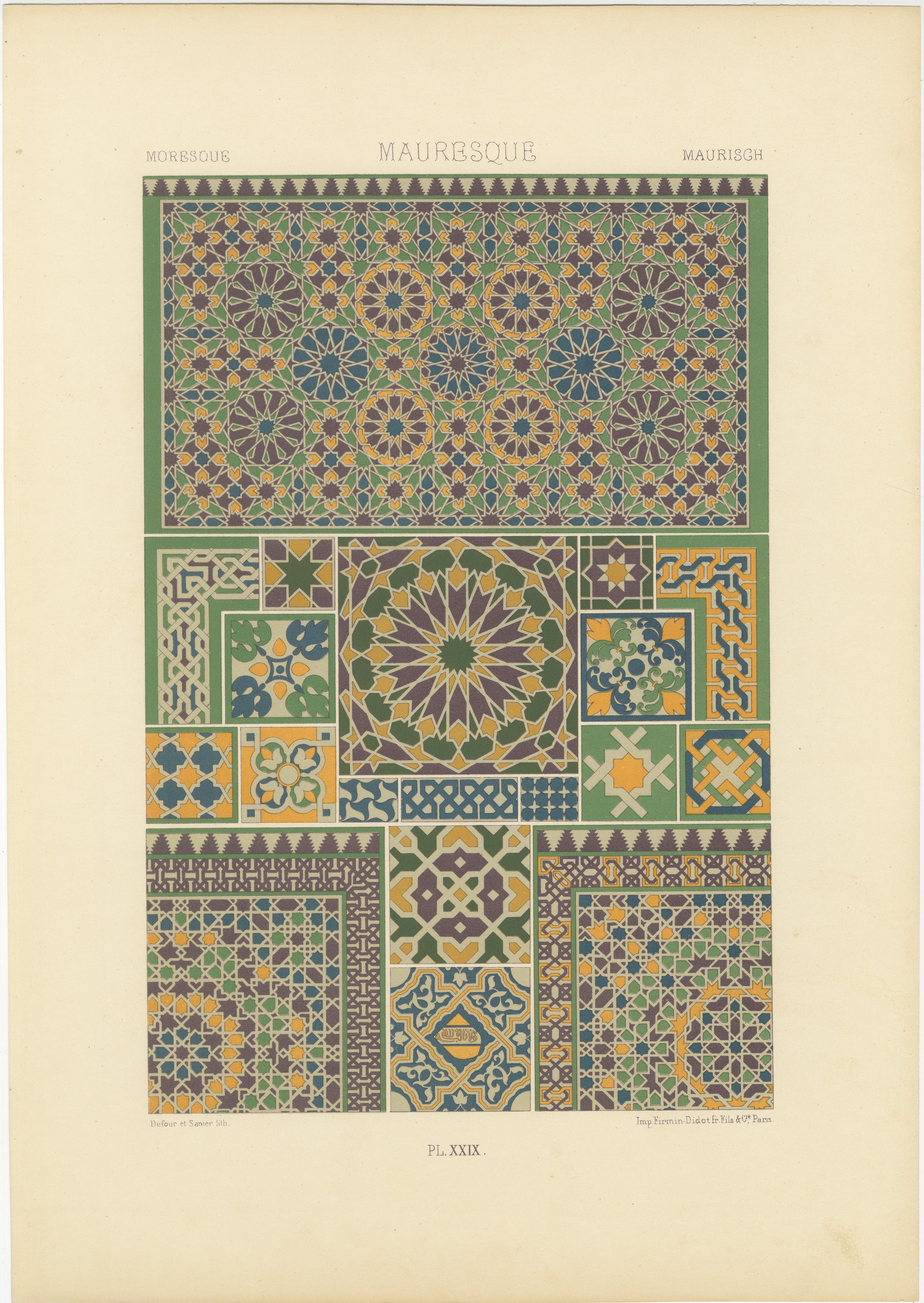 Pl. 29 Grabado antiguo de ornamentos morescos de Racinet, hacia 1890