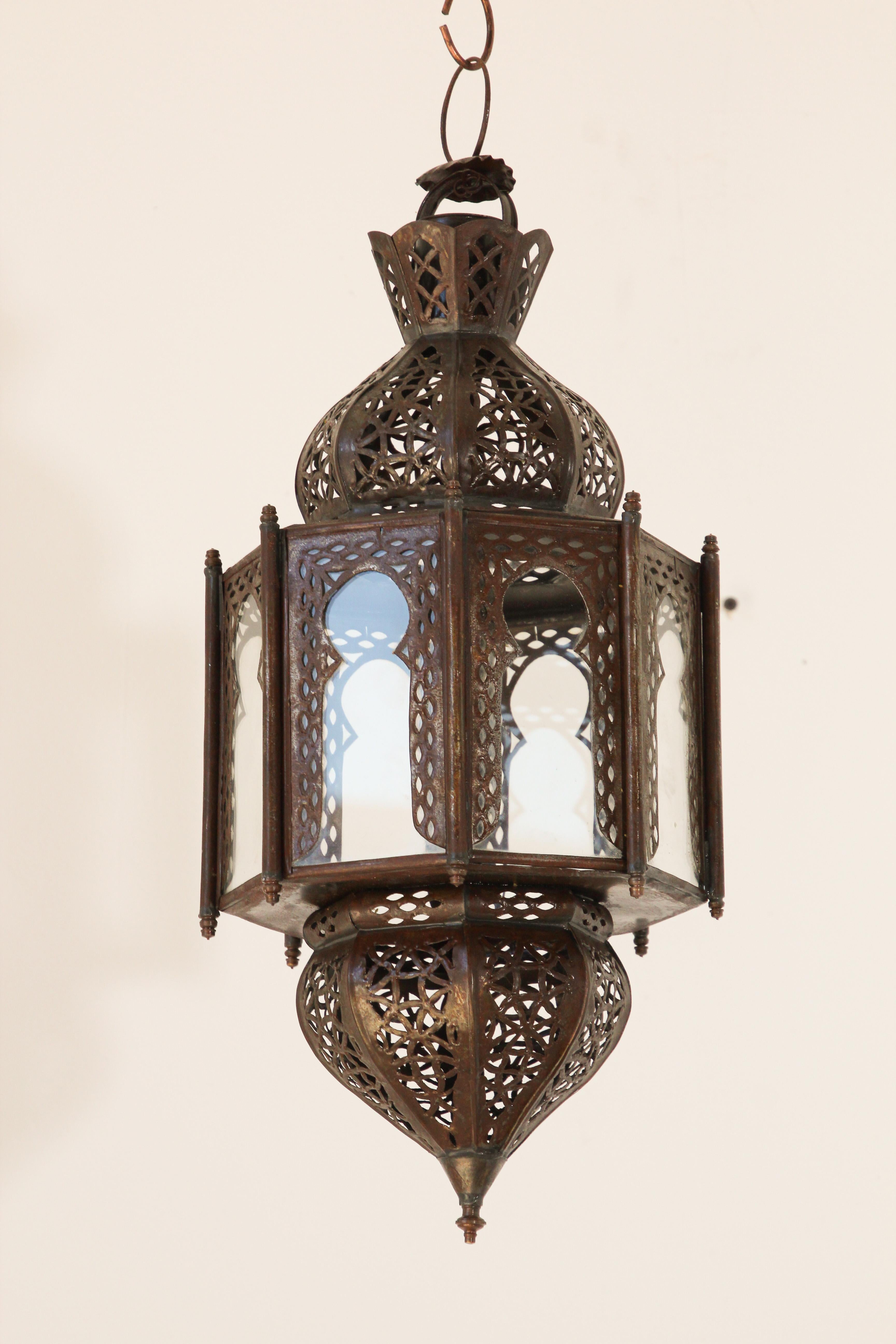 Metal Moorish Clear Glass Lantern, Octagonal Shape For Sale