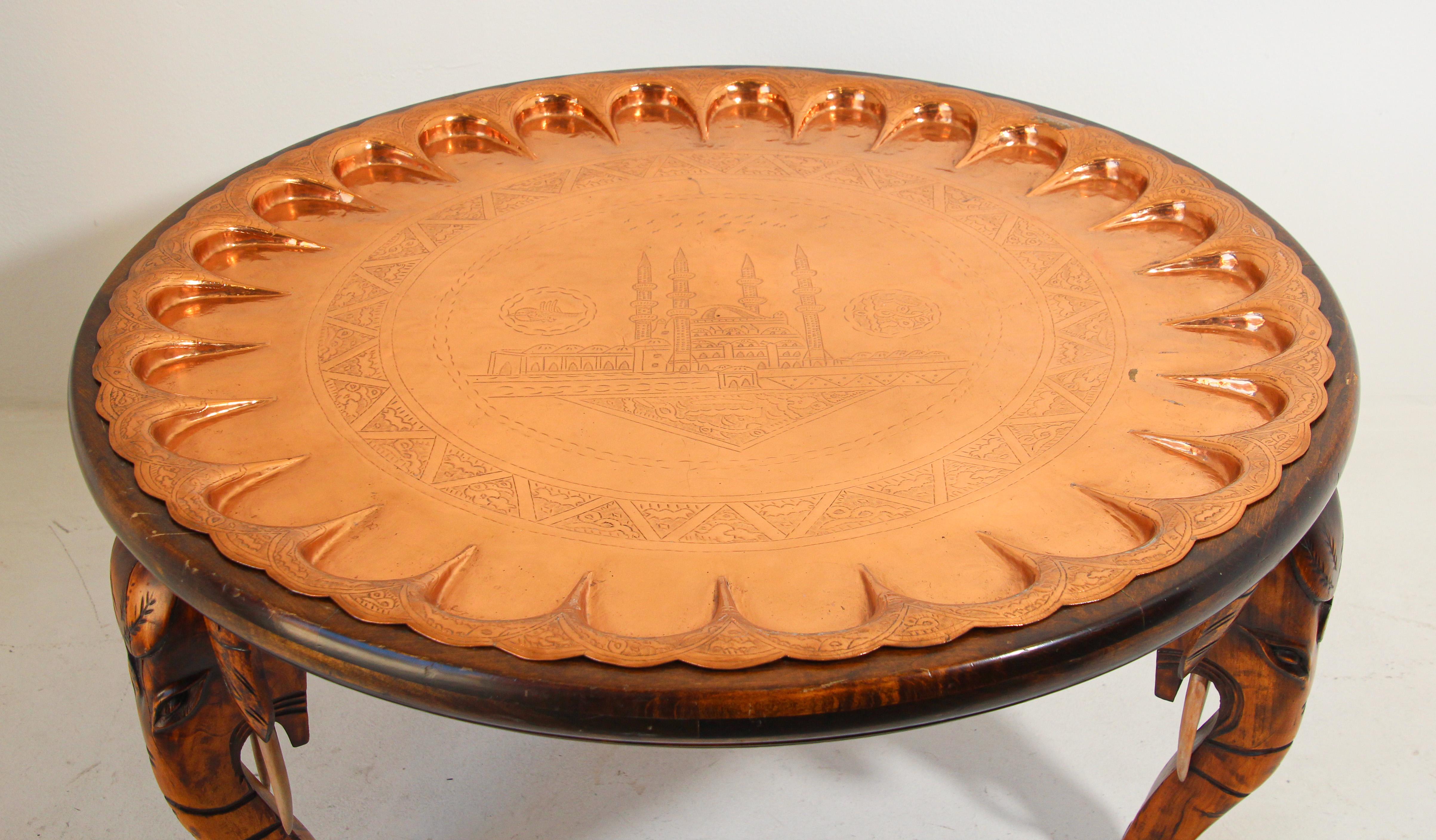 Etched Moorish Turkish Copper Tray Table For Sale