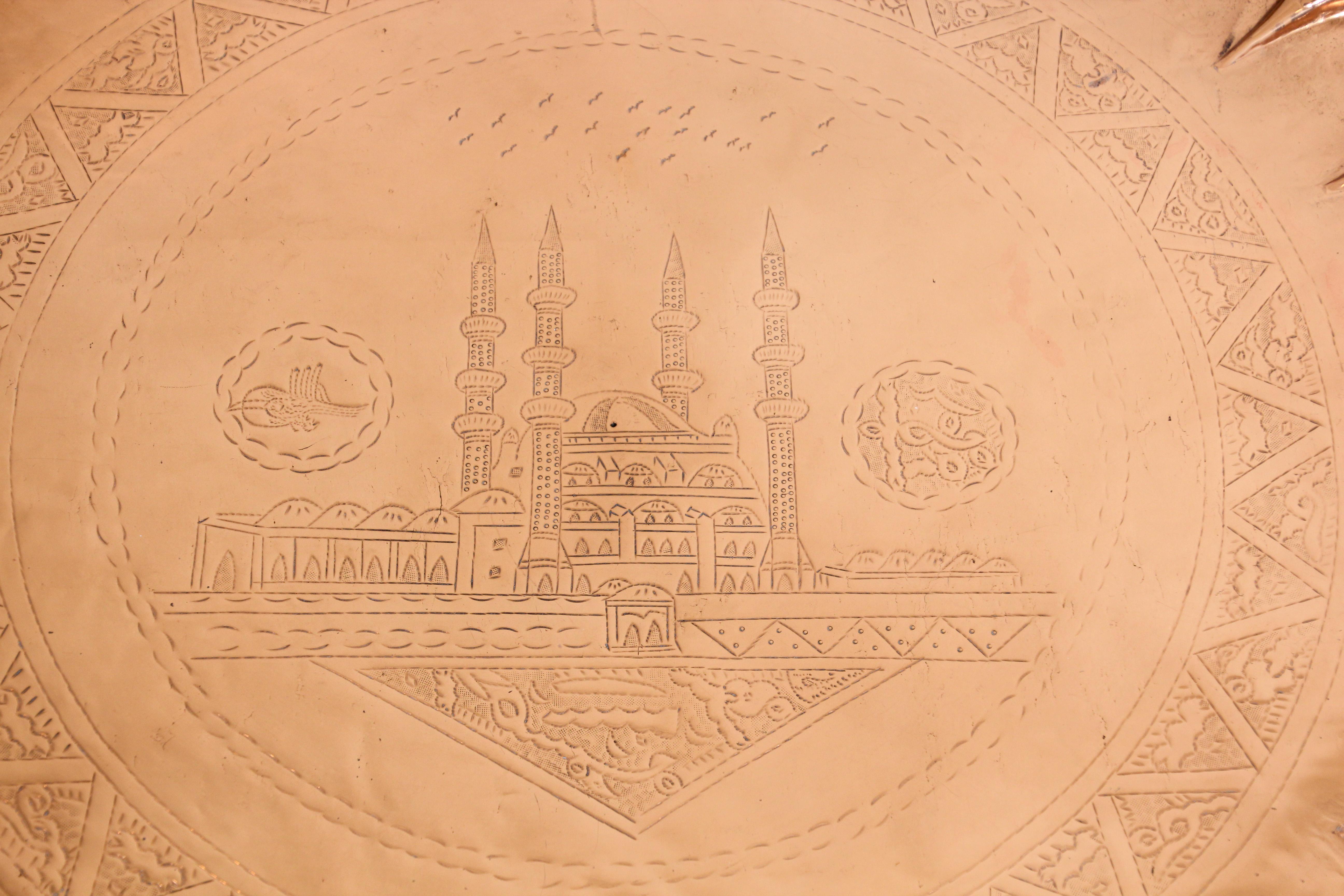Wood Moorish Turkish Copper Tray Table For Sale