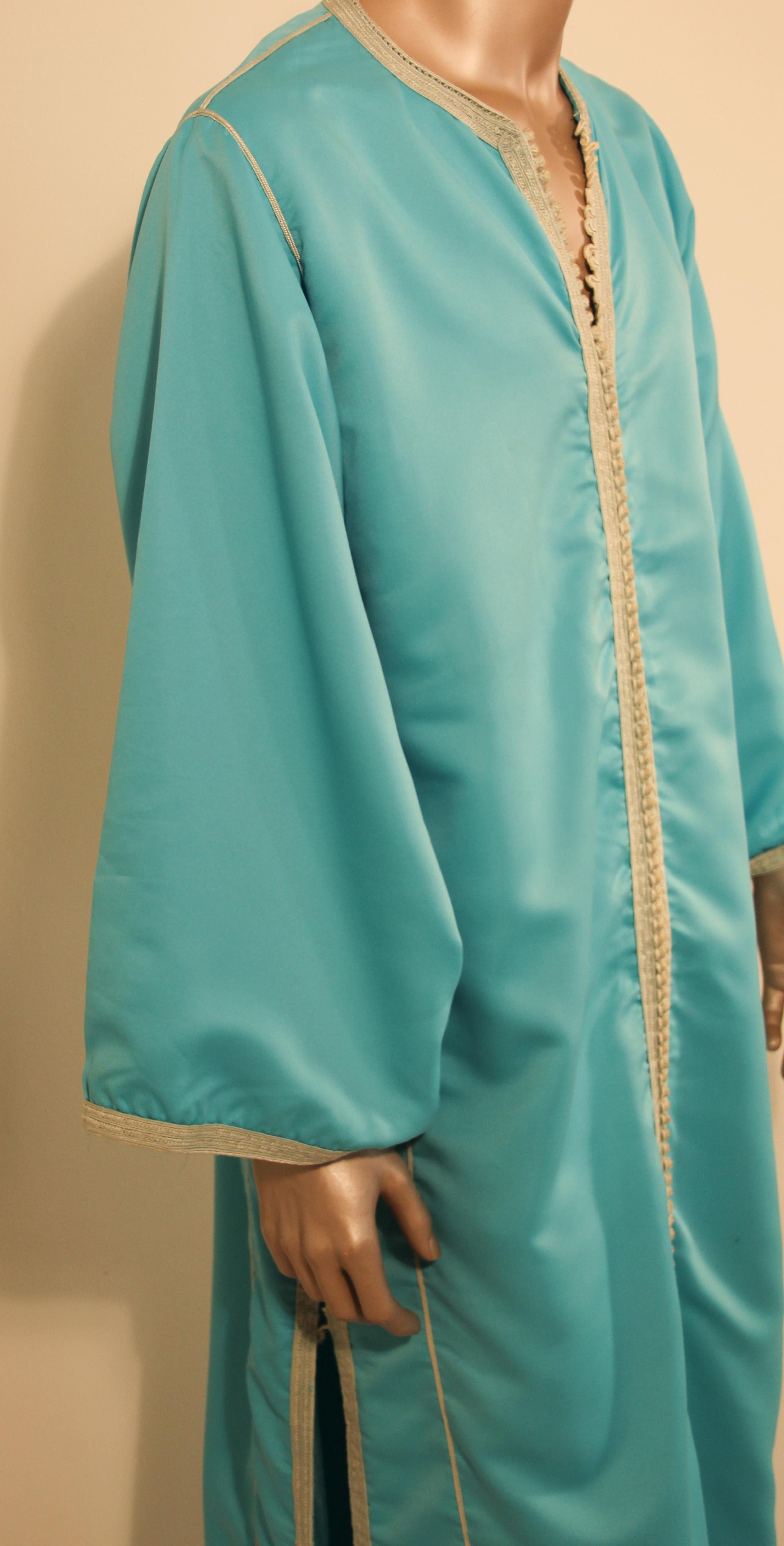 Hand-Knotted Moorish Turquoise Caftan 1970s Robe For Sale