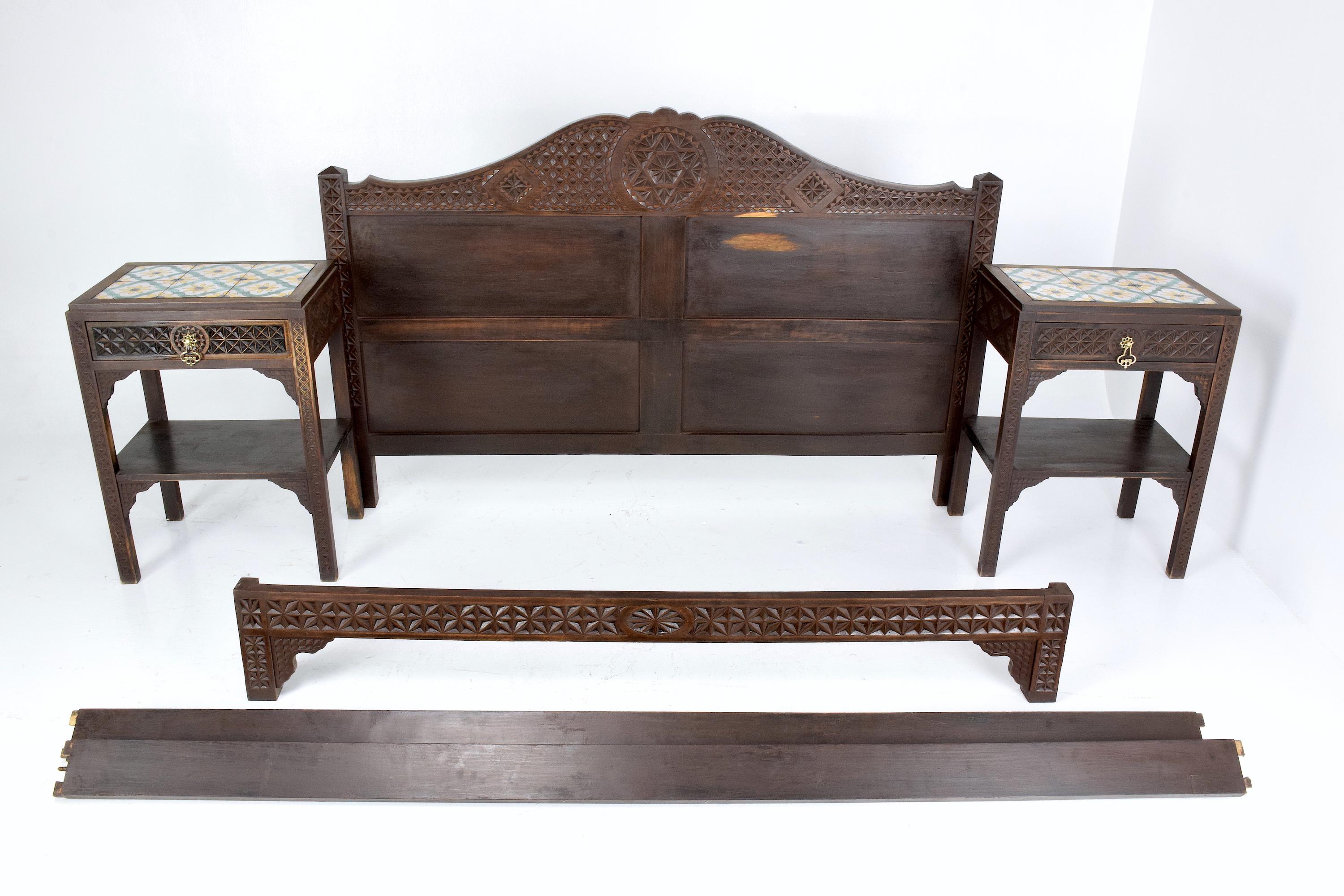 Moorish Vintage Sculpted Bed and Nightstands, 1930s 5