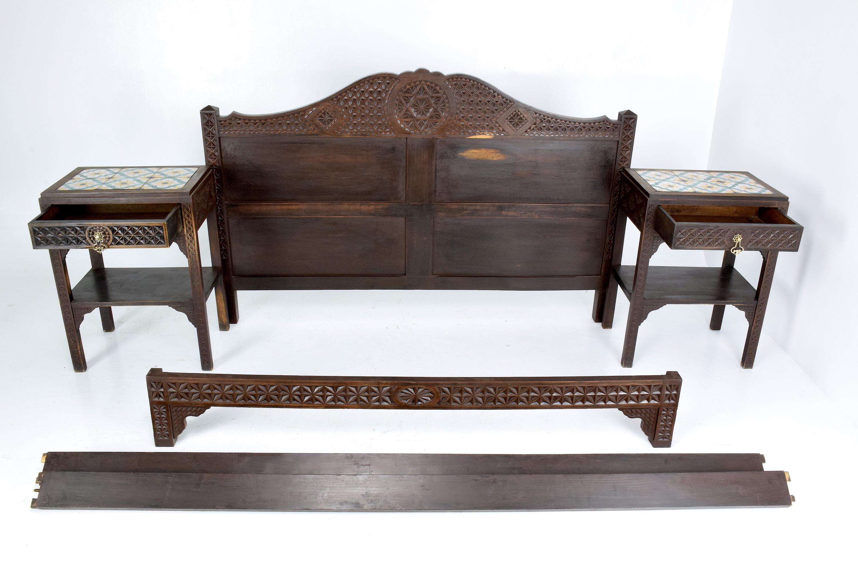 20th Century Moorish Vintage Sculpted Bed and Nightstands, 1930s
