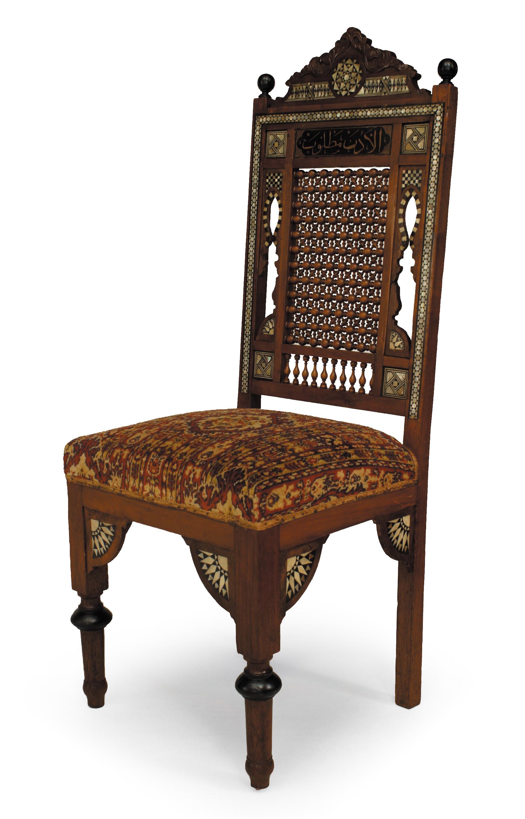Set of 5 Moorish (19th Cent) walnut spindle and ball carved living room / salon set with pearl inlay & kilm seat (settee 56