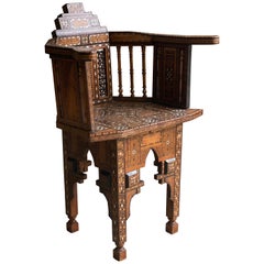 Antique Moorish Walnut Chair Marquetry Mother of Pearl Inlay, Syrian, circa 1890