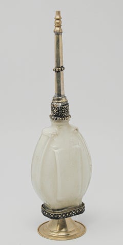 Moorish White Glass Perfume Bottle Sprinkler with Embossed Metal Overlay