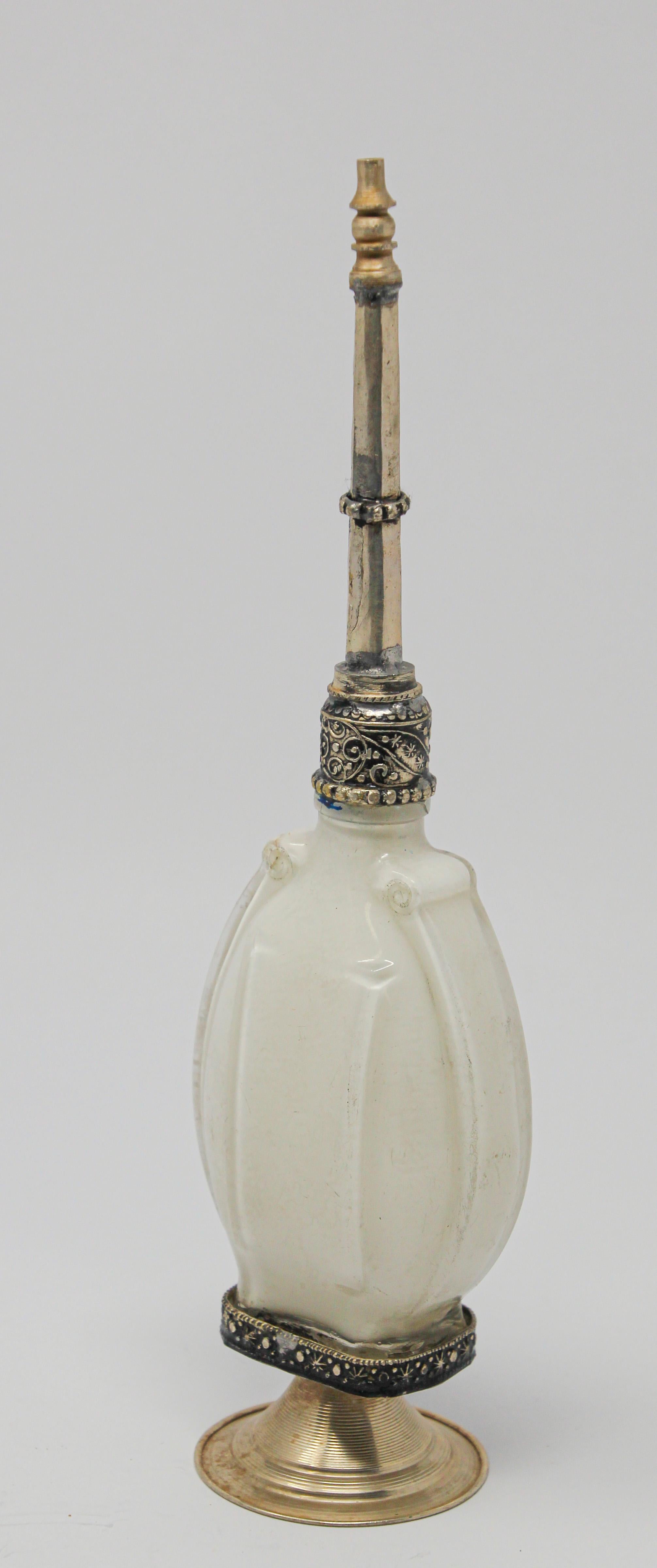 Moroccan Moorish White Glass Perfume Bottle Sprinkler with Embossed Metal Overlay