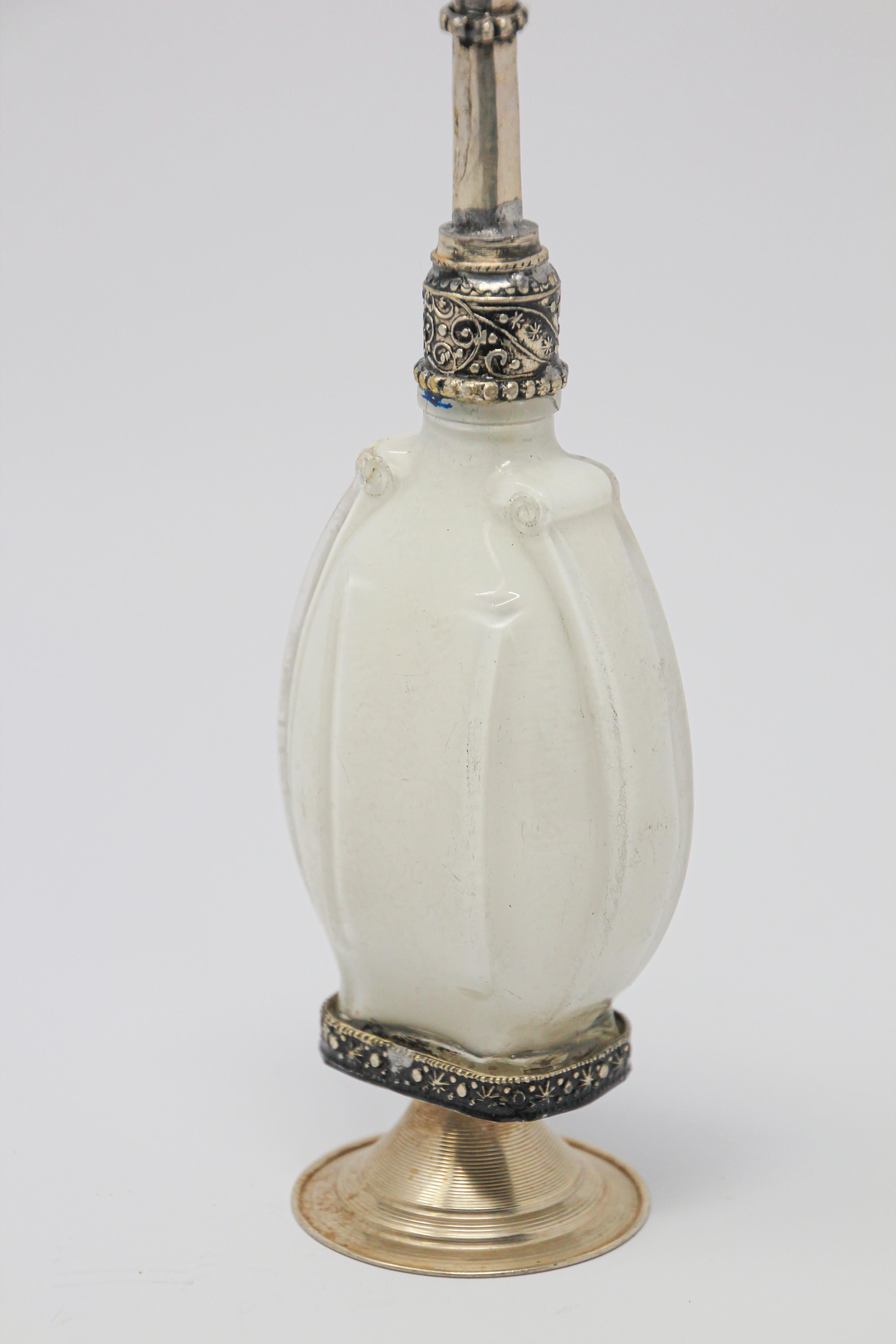 Moorish White Glass Perfume Bottle Sprinkler with Embossed Metal Overlay In Good Condition In North Hollywood, CA