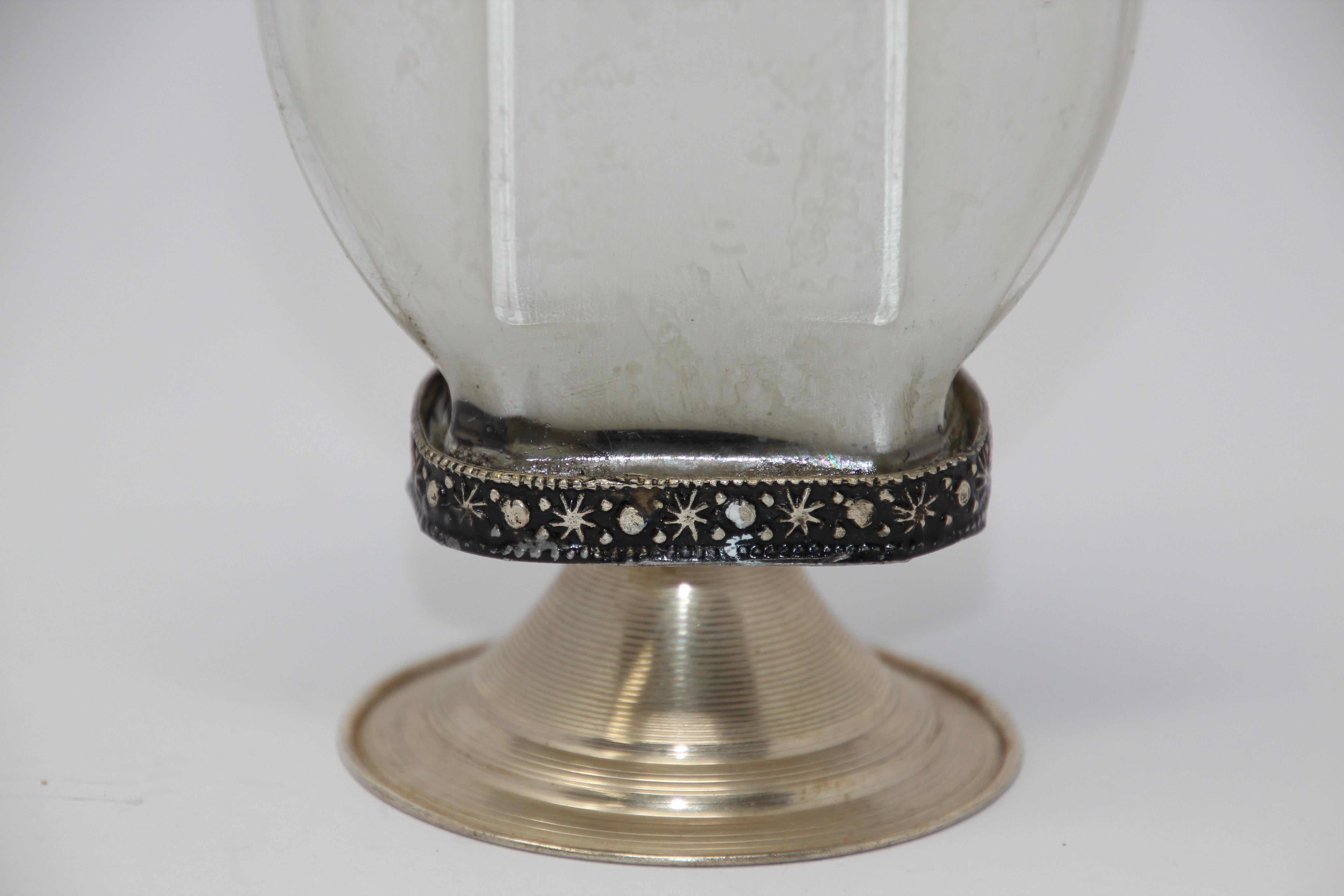 20th Century Moorish White Glass Perfume Bottle Sprinkler with Embossed Metal Overlay