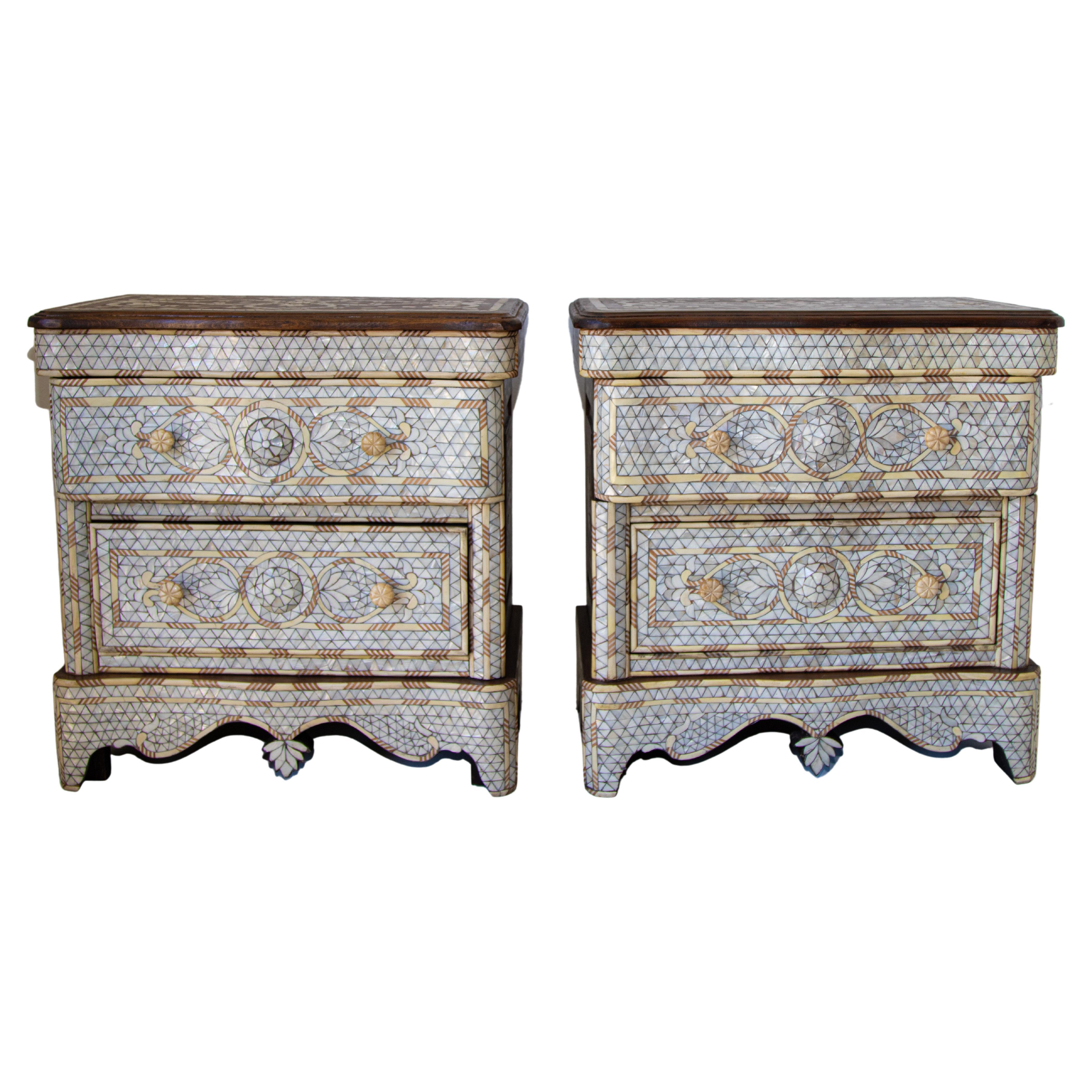 Moorish White Inlay Moroccan Nightstands, a Pair For Sale