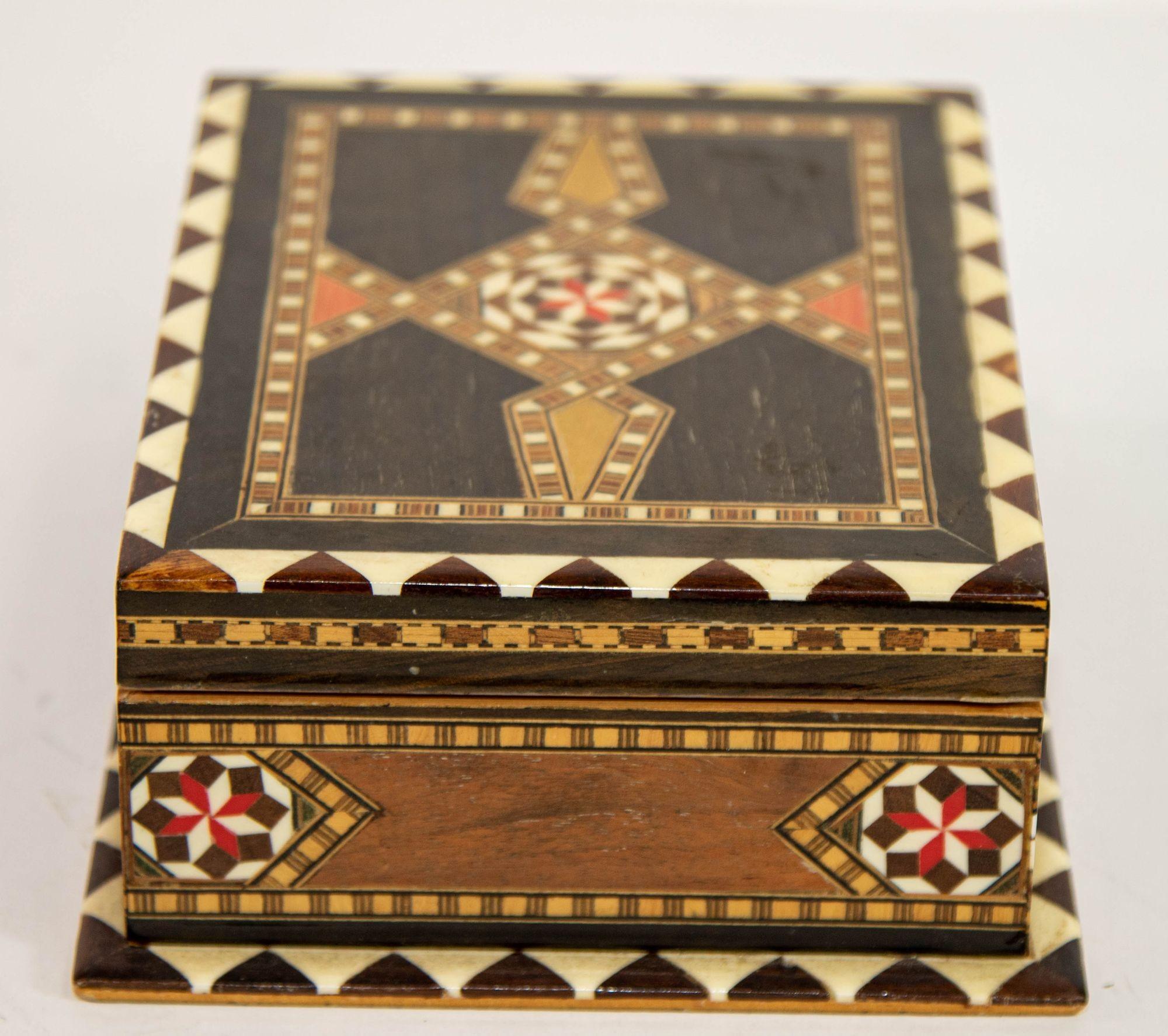 Moorish Wood Box Islamic Marquetry Mosaic Art Granada Spain Khatam Decor 1940s For Sale 3