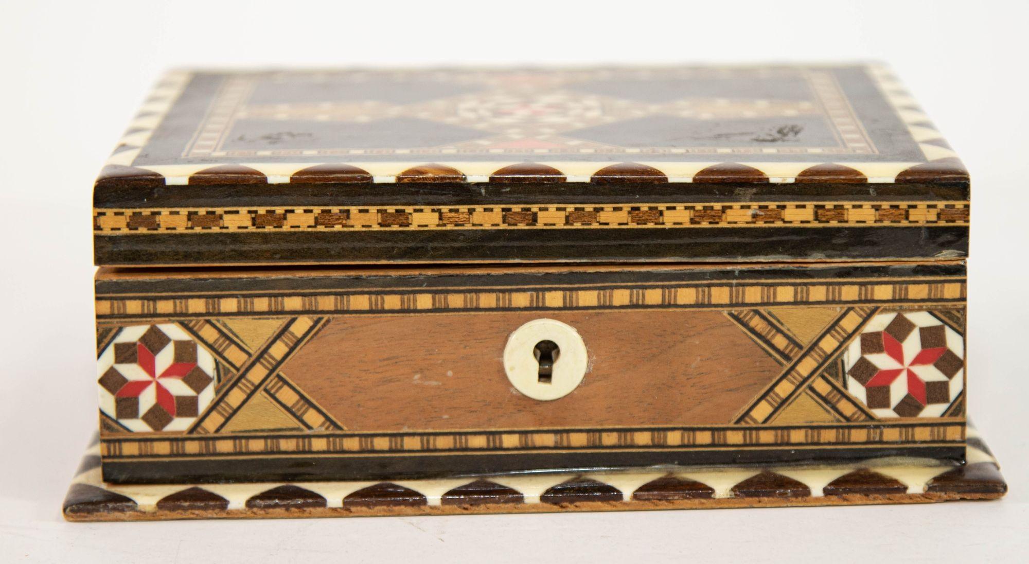 Spanish Moorish Wood Box Islamic Marquetry Mosaic Art Granada Spain Khatam Decor 1940s For Sale