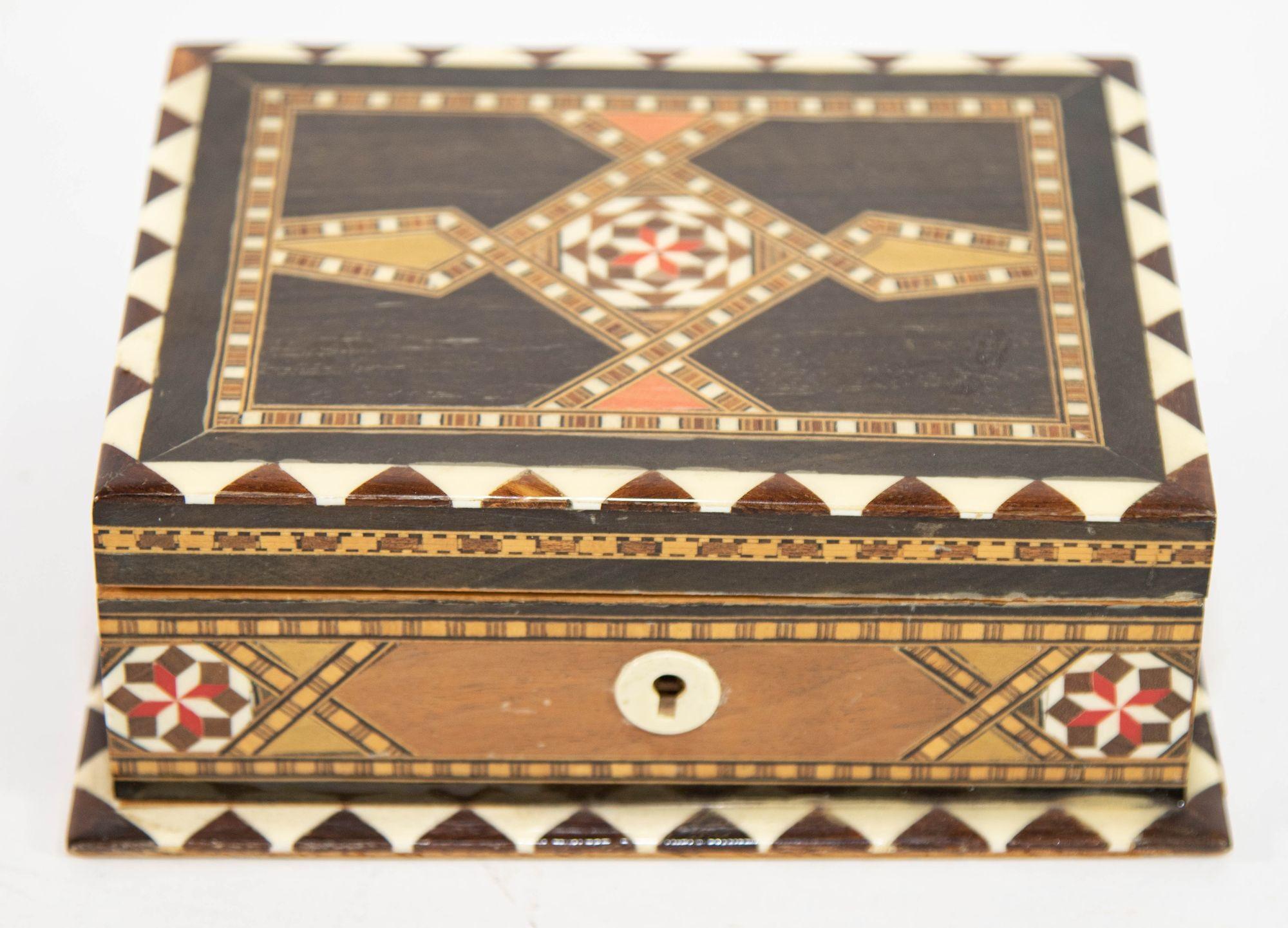 Hand-Crafted Moorish Wood Box Islamic Marquetry Mosaic Art Granada Spain Khatam Decor 1940s For Sale
