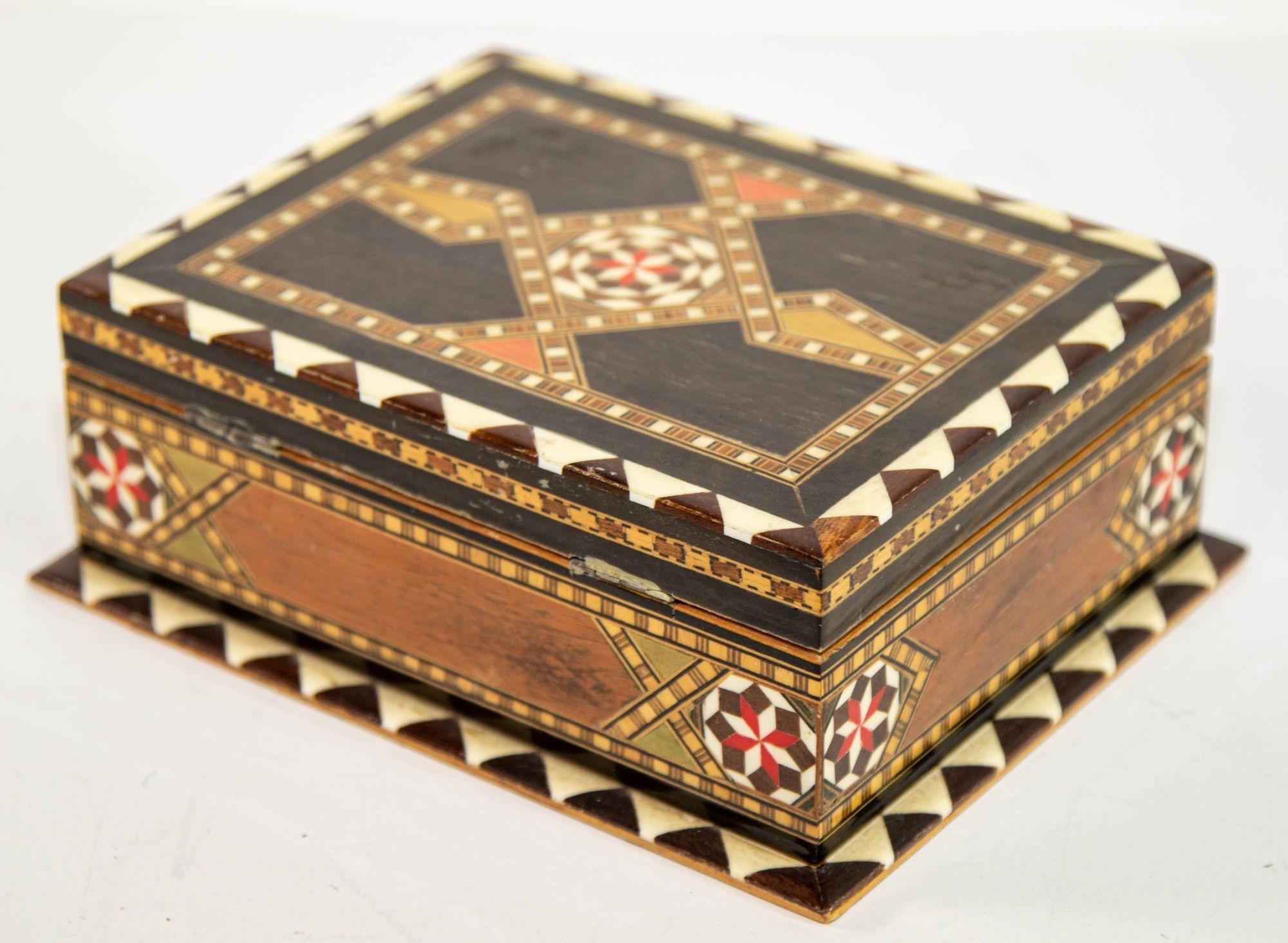 Moorish Wood Box Islamic Marquetry Mosaic Art Granada Spain Khatam Decor 1940s For Sale 1