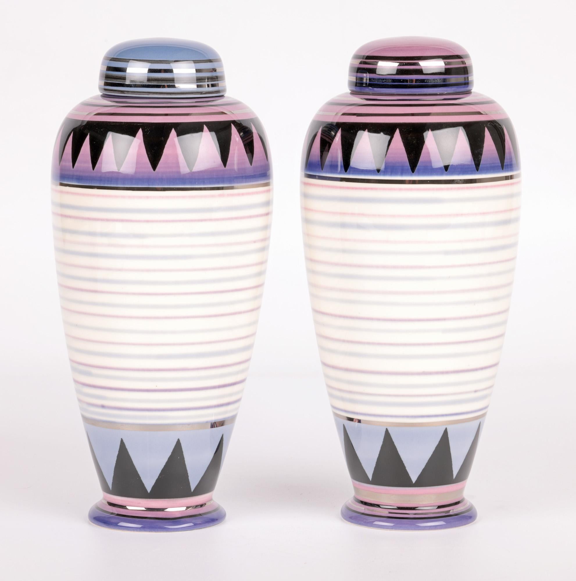 Hand-Painted Moorland Pottery Pair Ceramic Lustre Lidded Vases   For Sale
