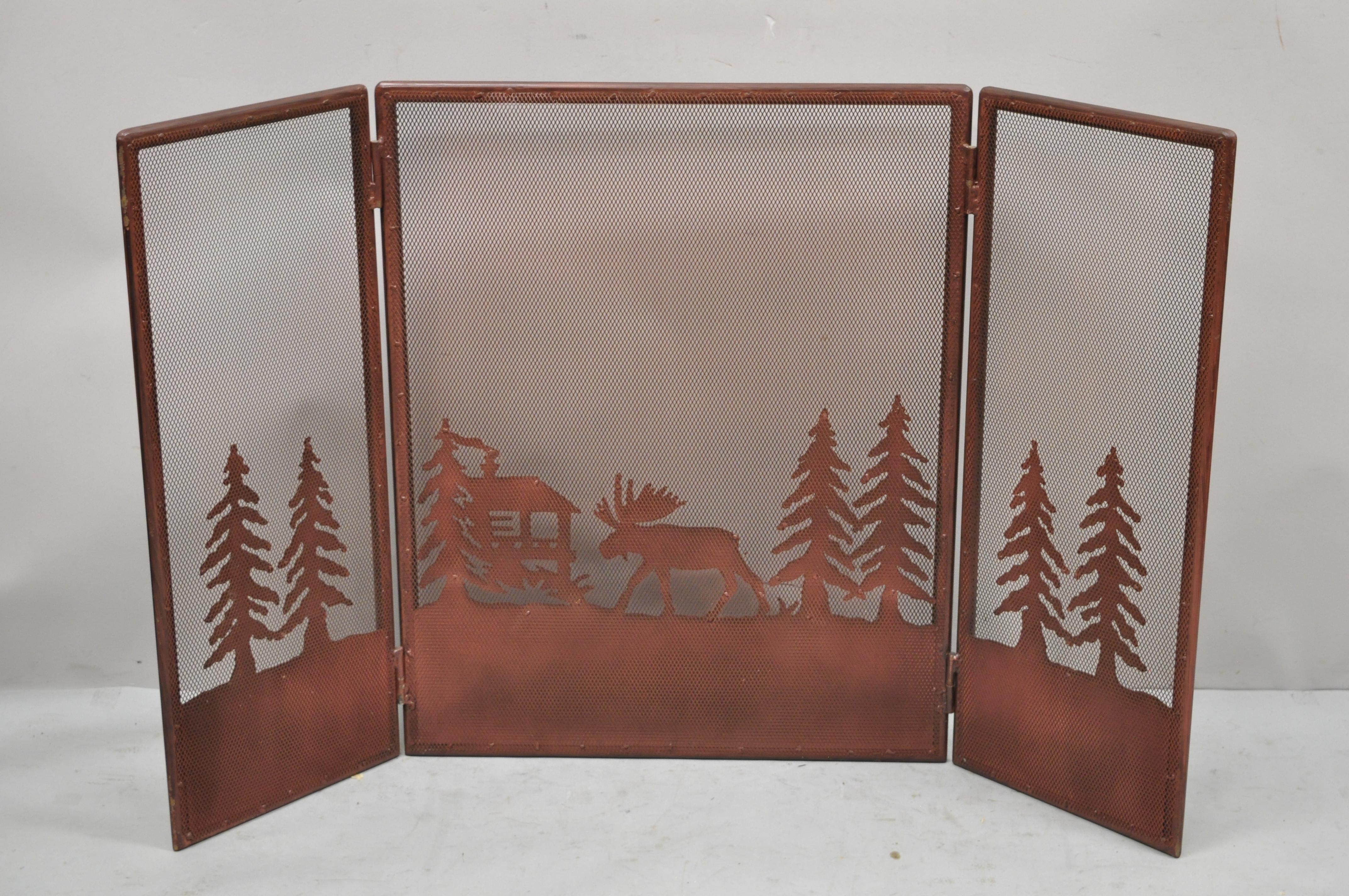 Moose Wilderness Log Cabin Rustic Iron Folding Fireplace Mantle Screen For Sale 4