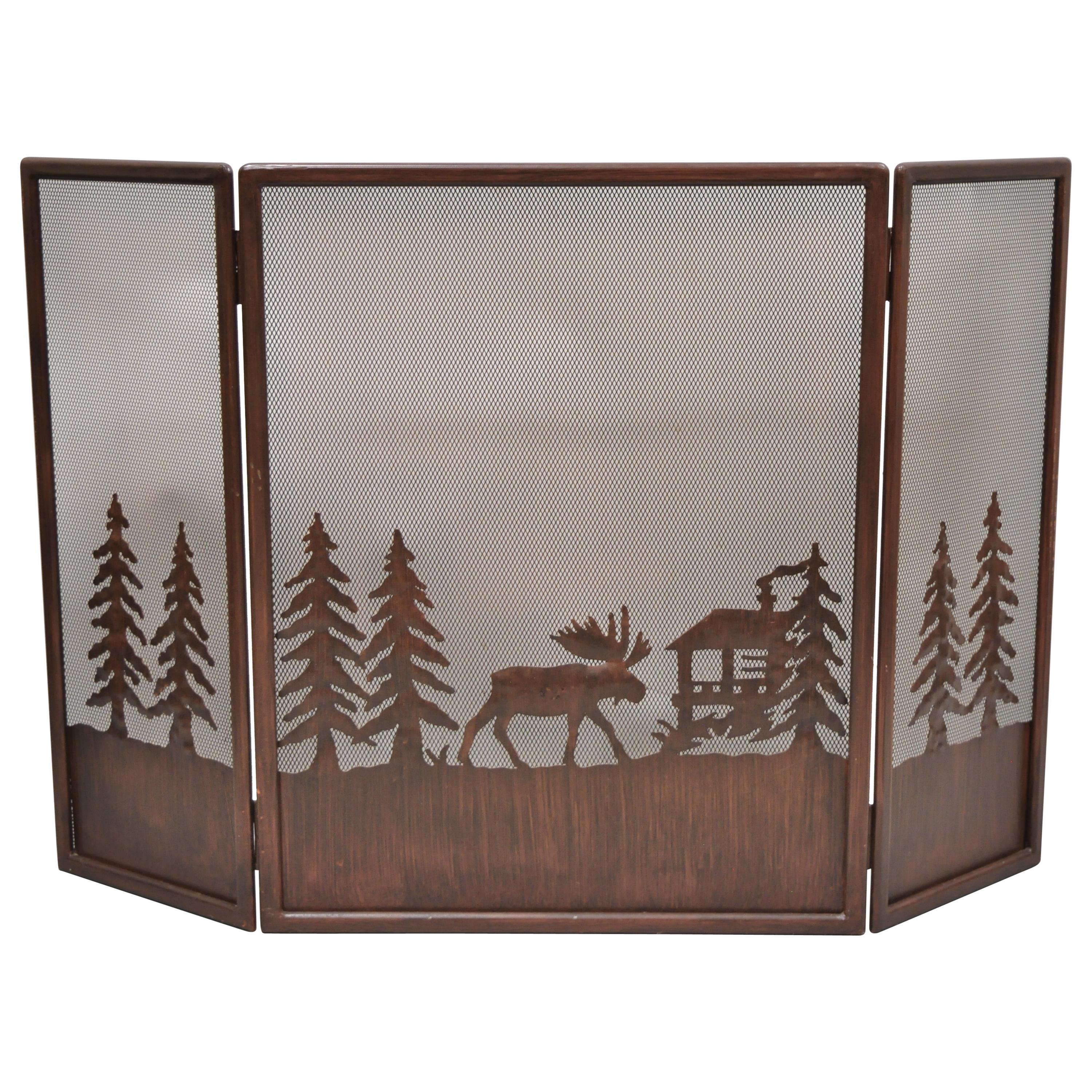 Moose Wilderness Log Cabin Rustic Iron Folding Fireplace Mantle Screen For Sale