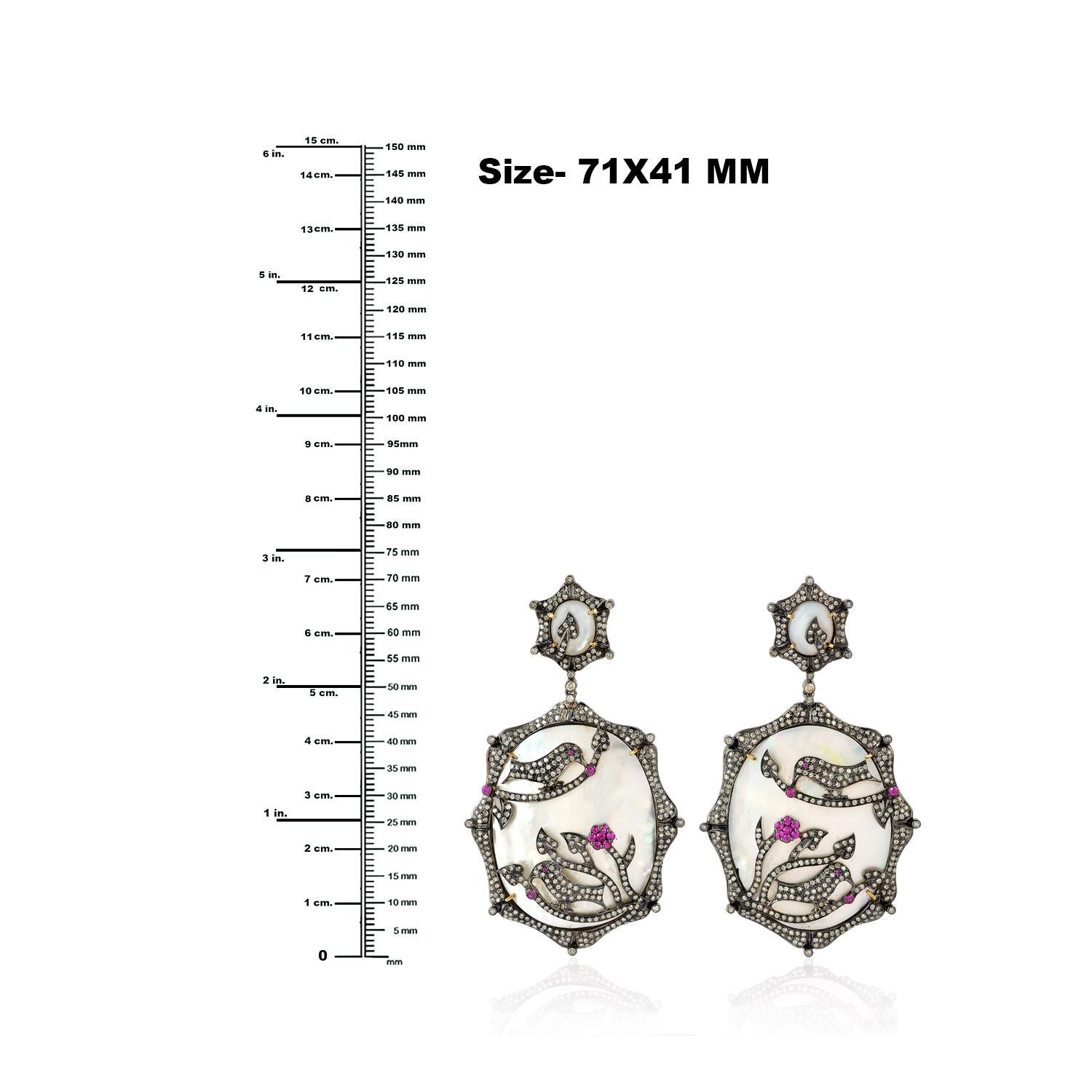 Mixed Cut Mother of Pearl Earrings Bird & Flower Pattern In Pave Diamonds & Ruby For Sale